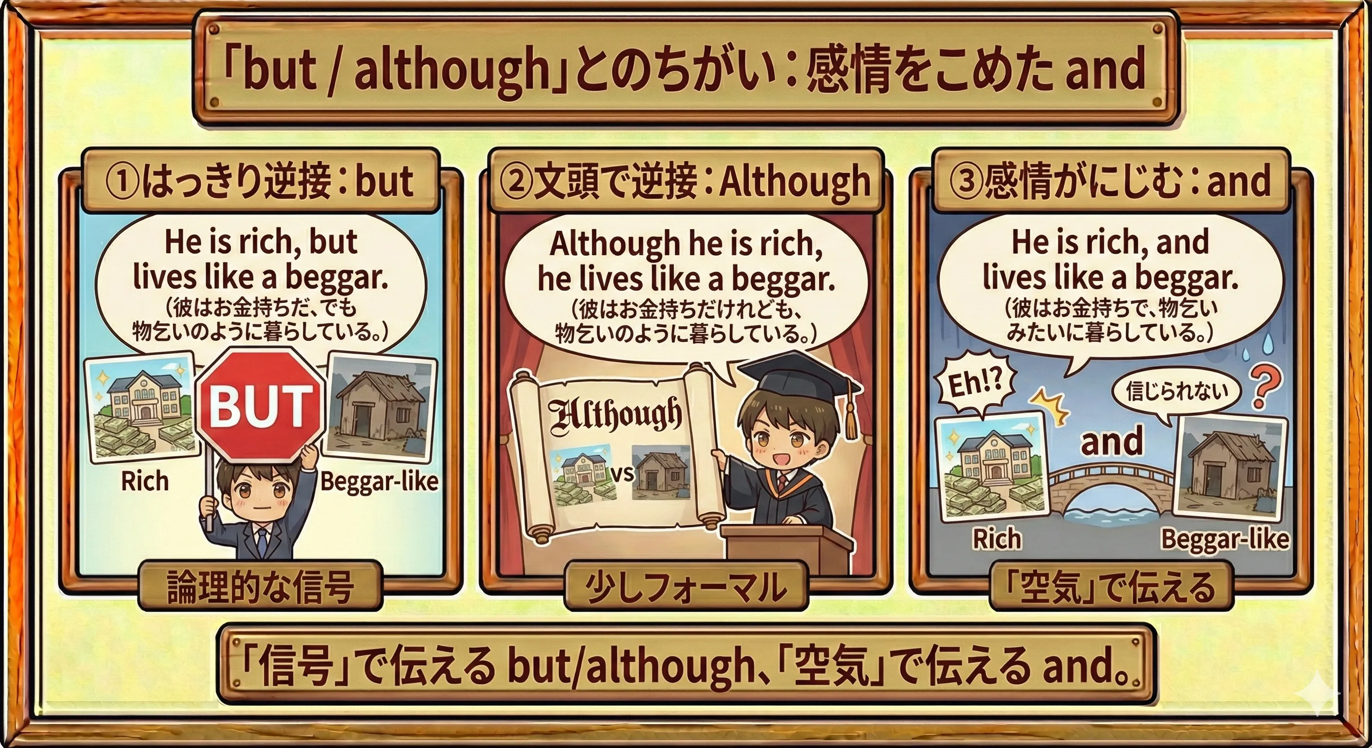 and と but / although の感情の違いをイメージした図