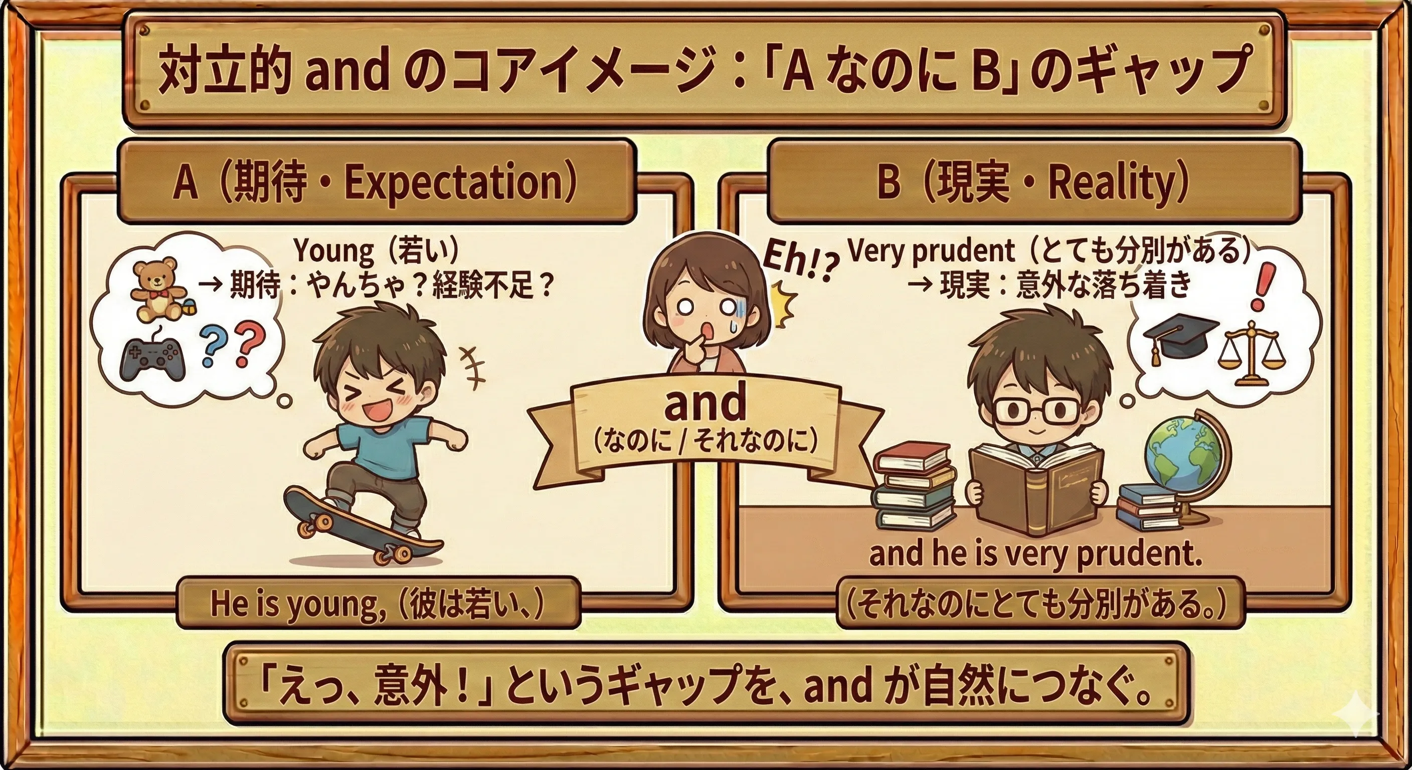 期待とちがう結果をつなぐ and のイメージ図