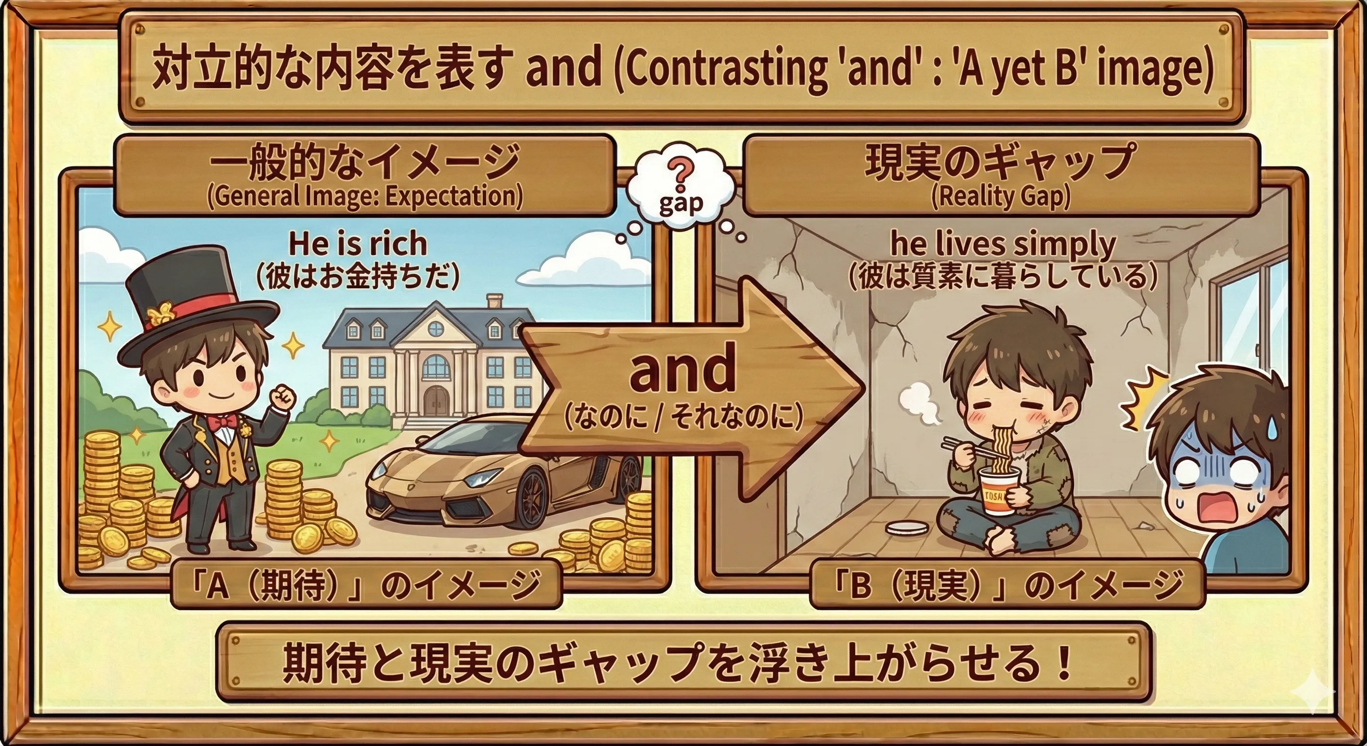 期待と現実のギャップをつなぐ and のイメージ図（A なのに B）