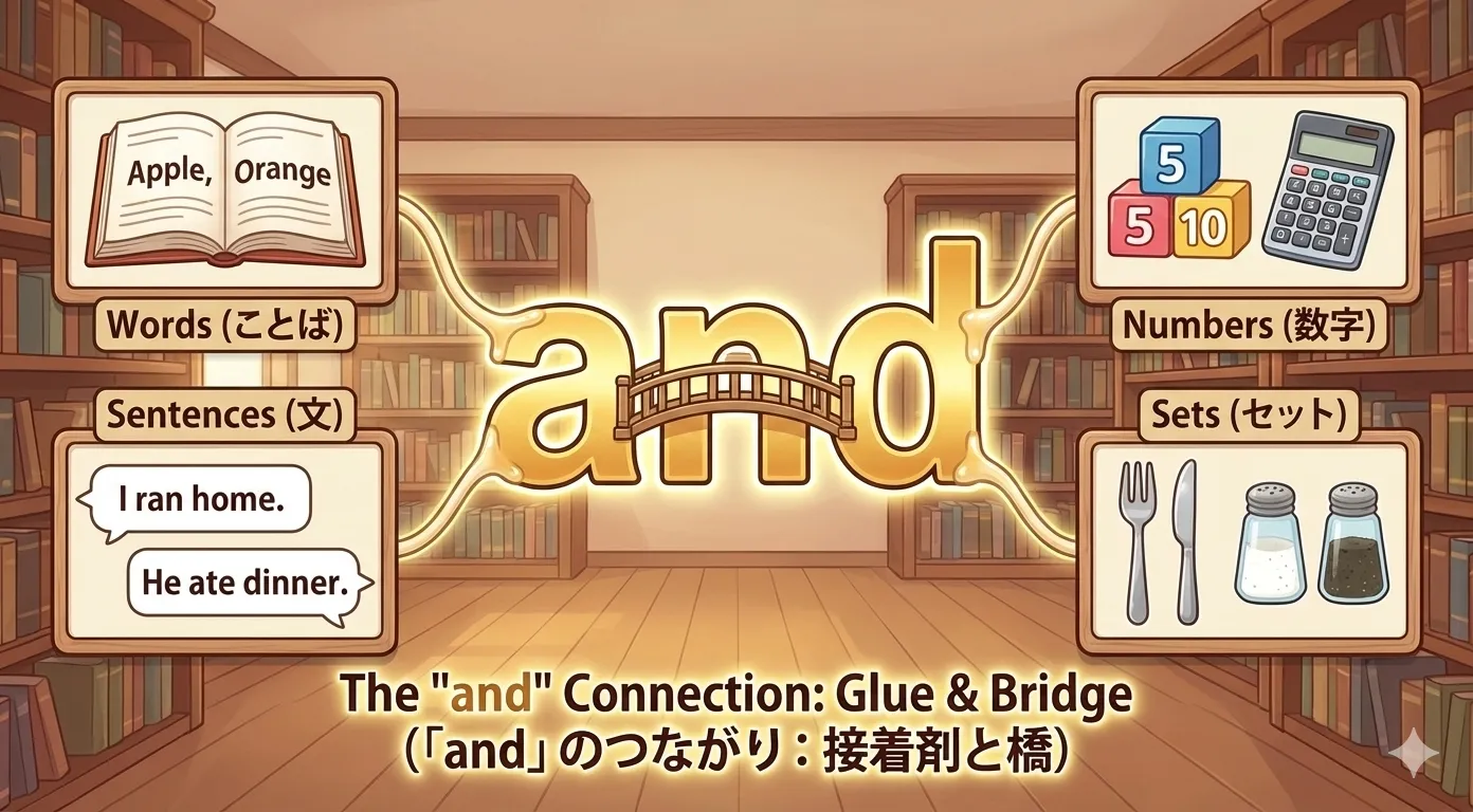 ことば・文・数字・セットを and がつなぐイメージ図（接着剤・橋などのモチーフ）