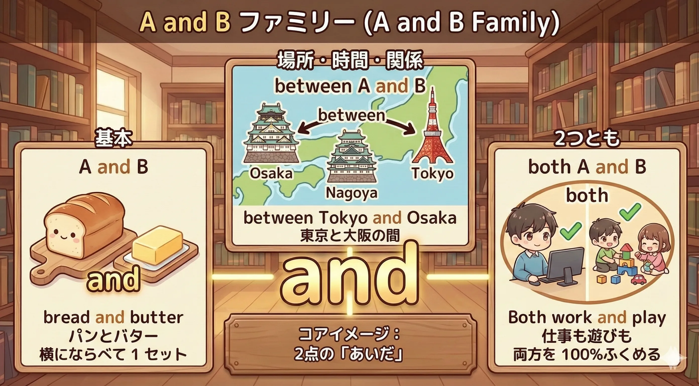 between A and B / both A and B など A and B ファミリーのイメージ図
