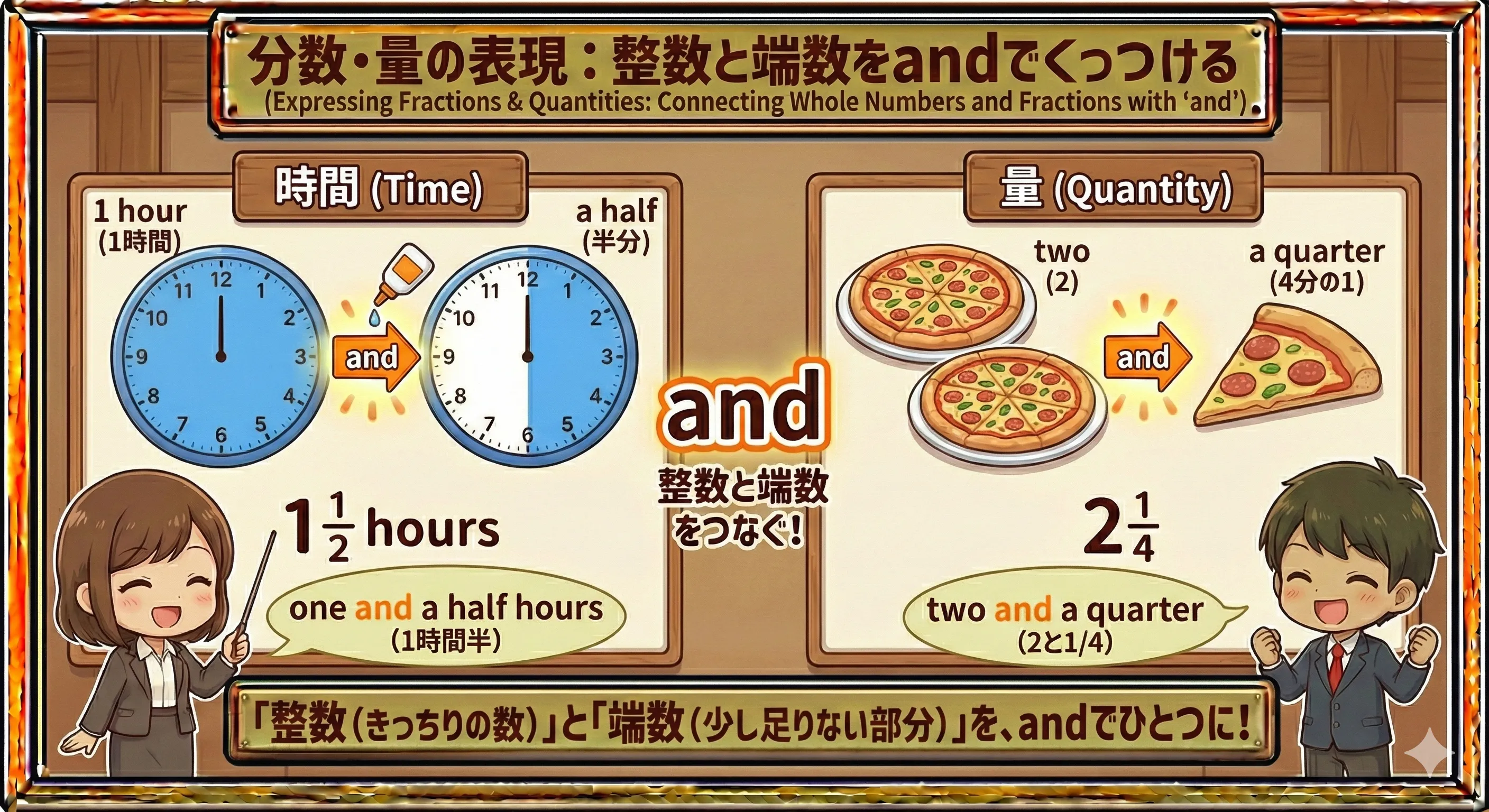 整数と分数を and でつなぐイメージのイラスト（1と1/2や2と1/4など）