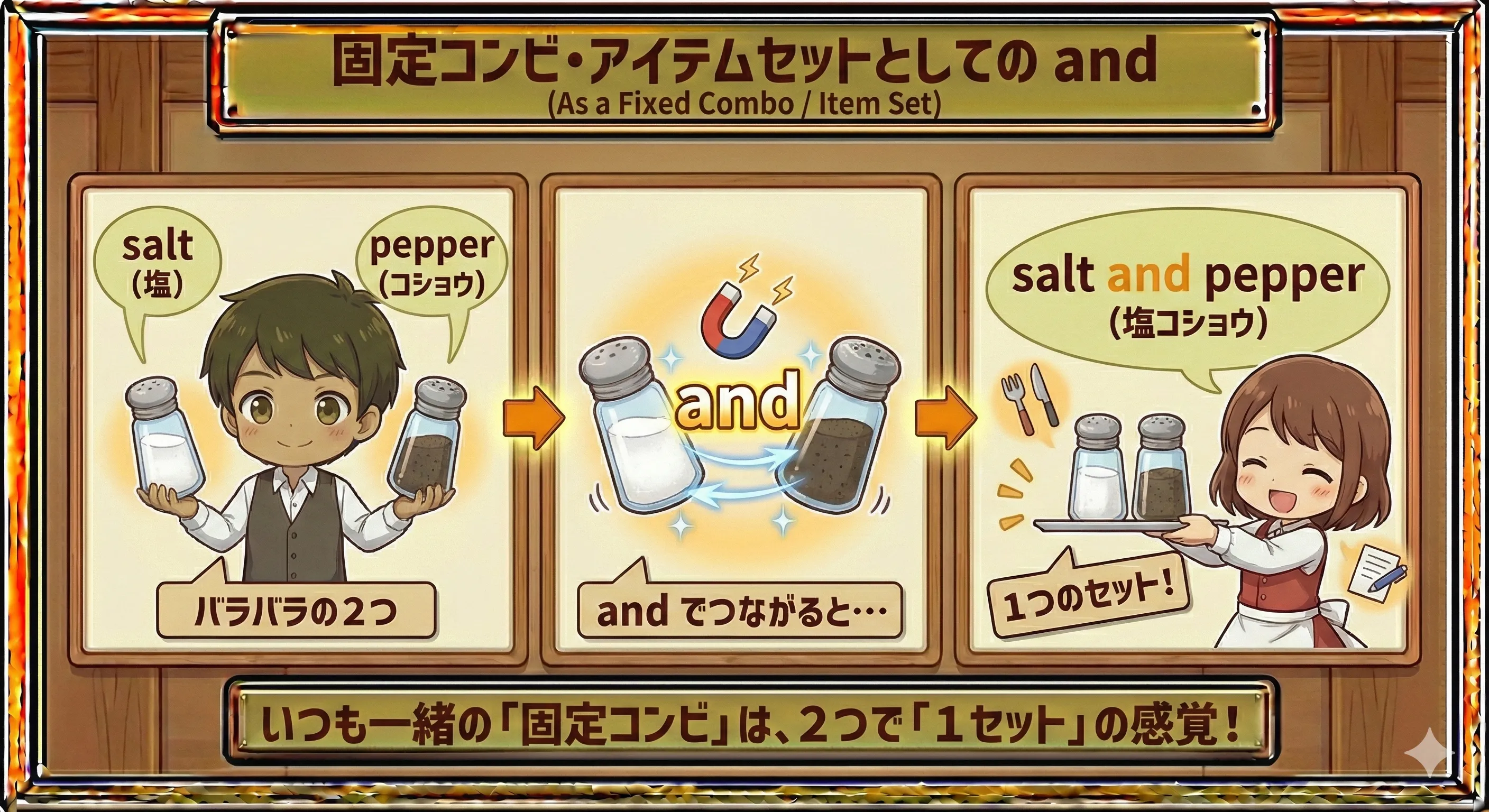 塩コショウやナイフとフォークなど、ペアのアイテムを and でつなぐイメージイラスト