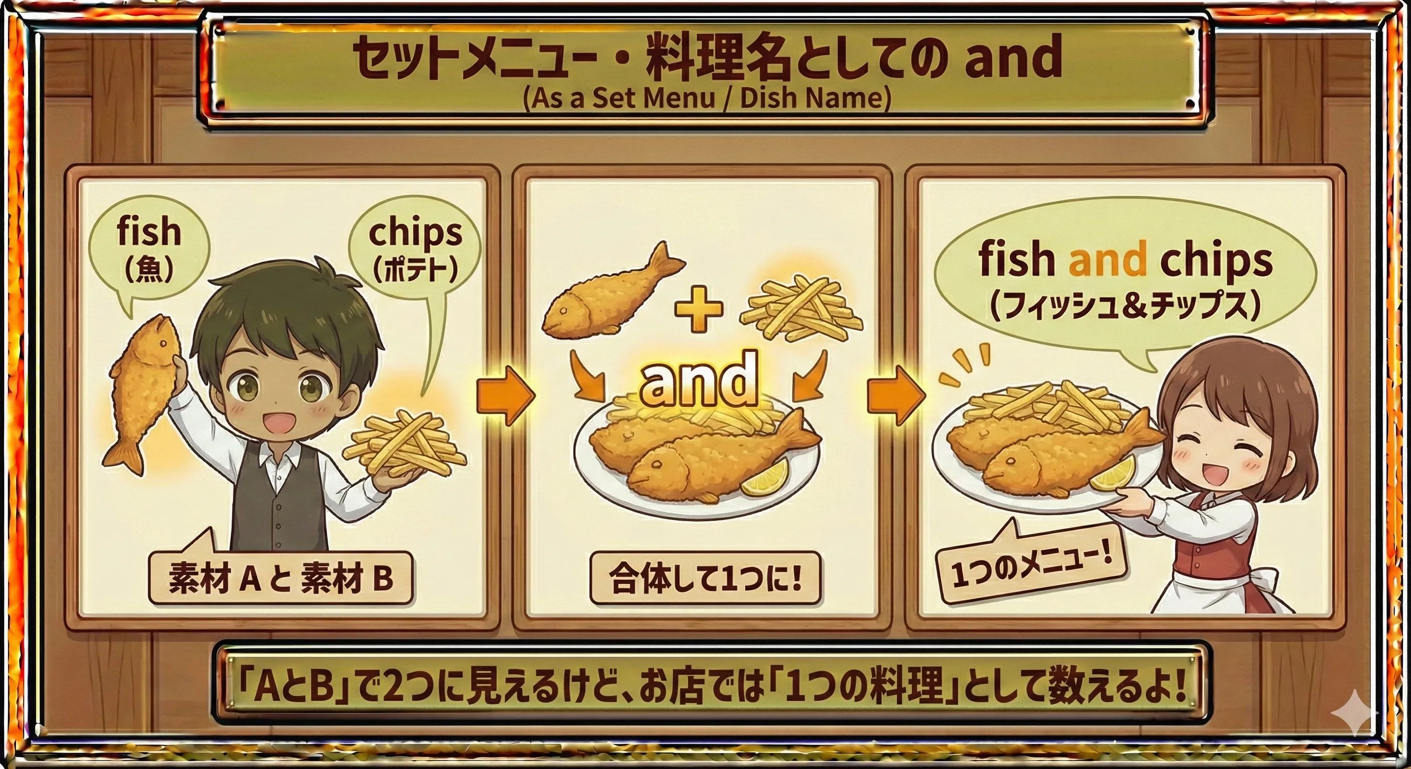 fish and chips やセットメニューが and で一つにまとまっているイメージのイラスト