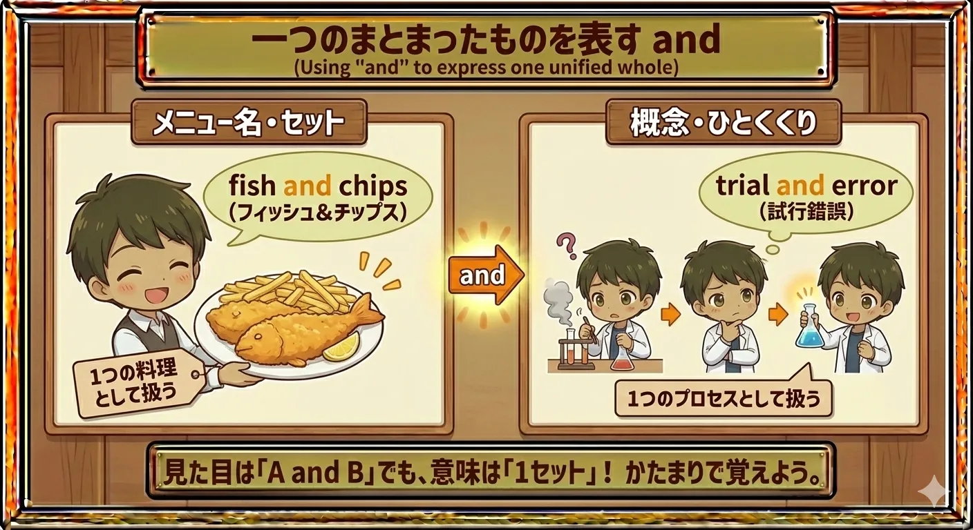 and が二つのものを一つのセットにまとめるイメージ図（料理や道具のペアなど）