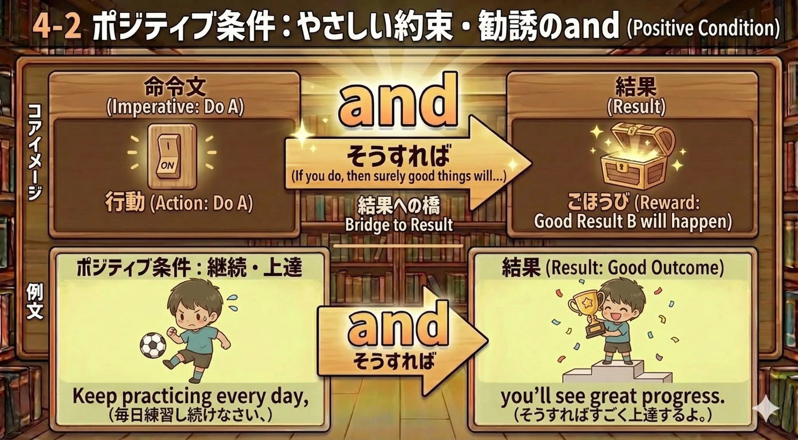 命令文とandで優しく約束するイメージ（プレゼントと笑顔の人物）