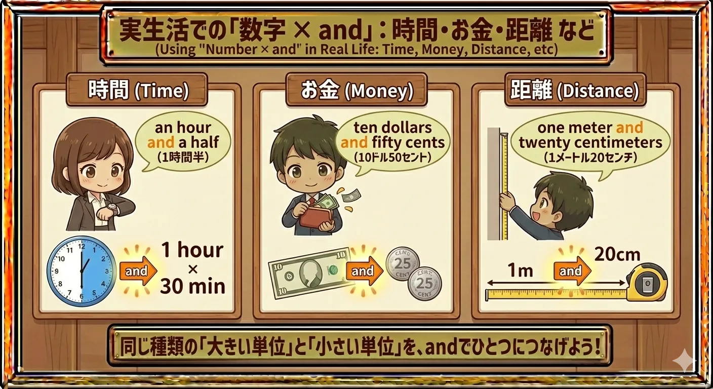 時間・お金・距離などの数字を and がつないでいるイメージのイラスト