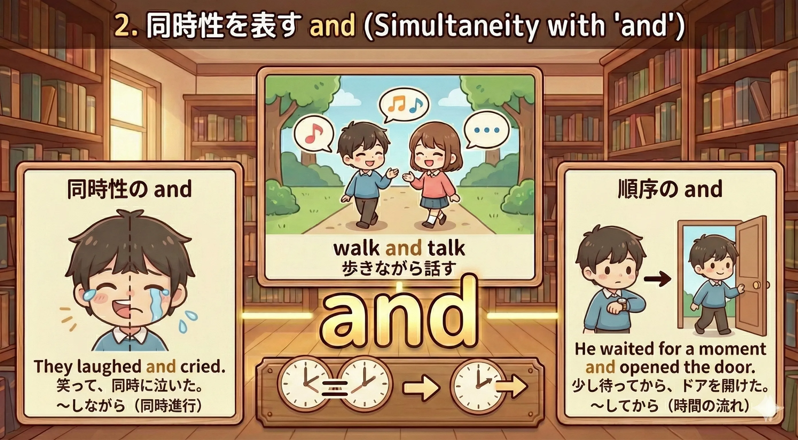 同時性の and（横に重なるバー）と順序の and（矢印）の違いイメージ