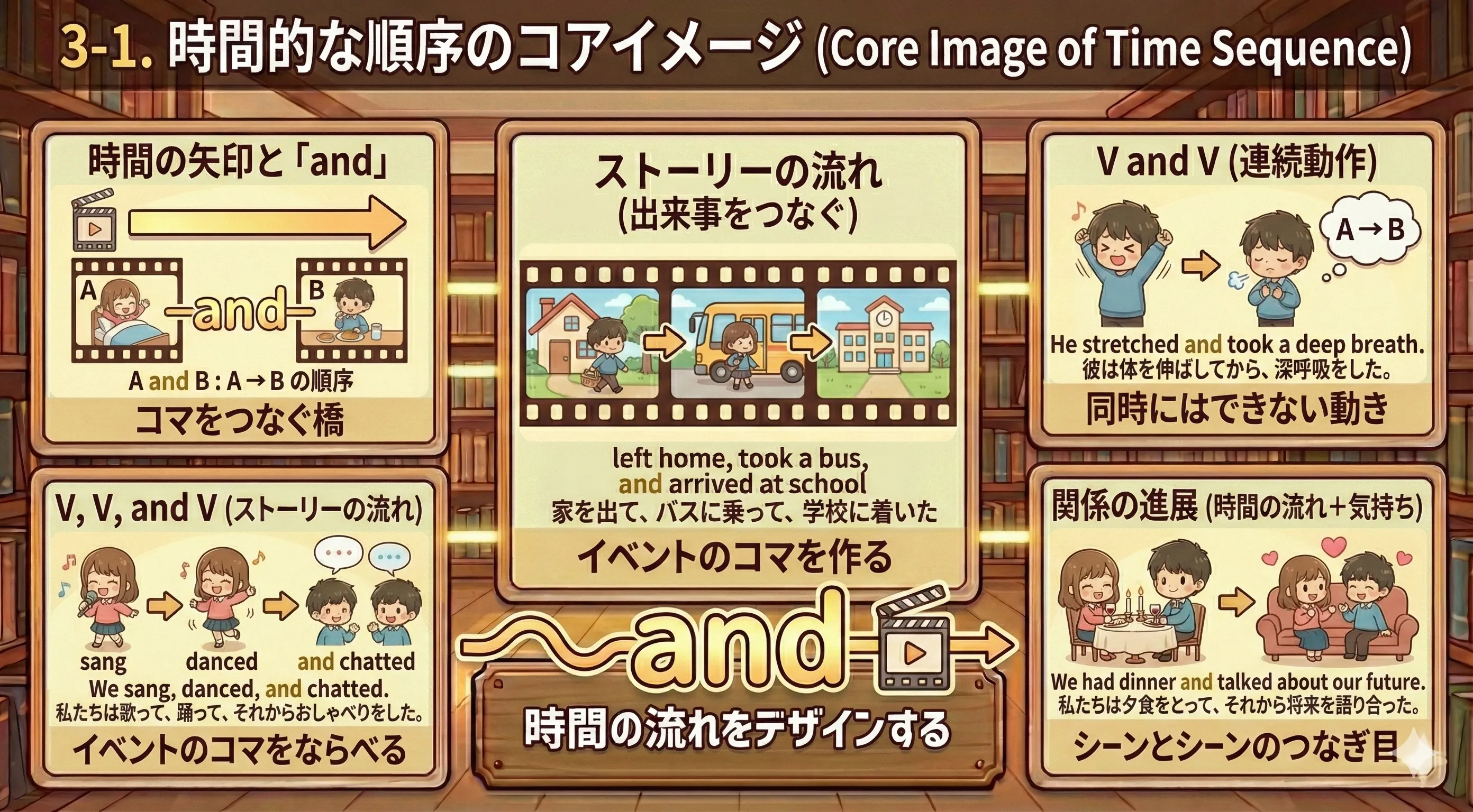 時間の矢印の上に行動 A→B→C がならぶイメージ図