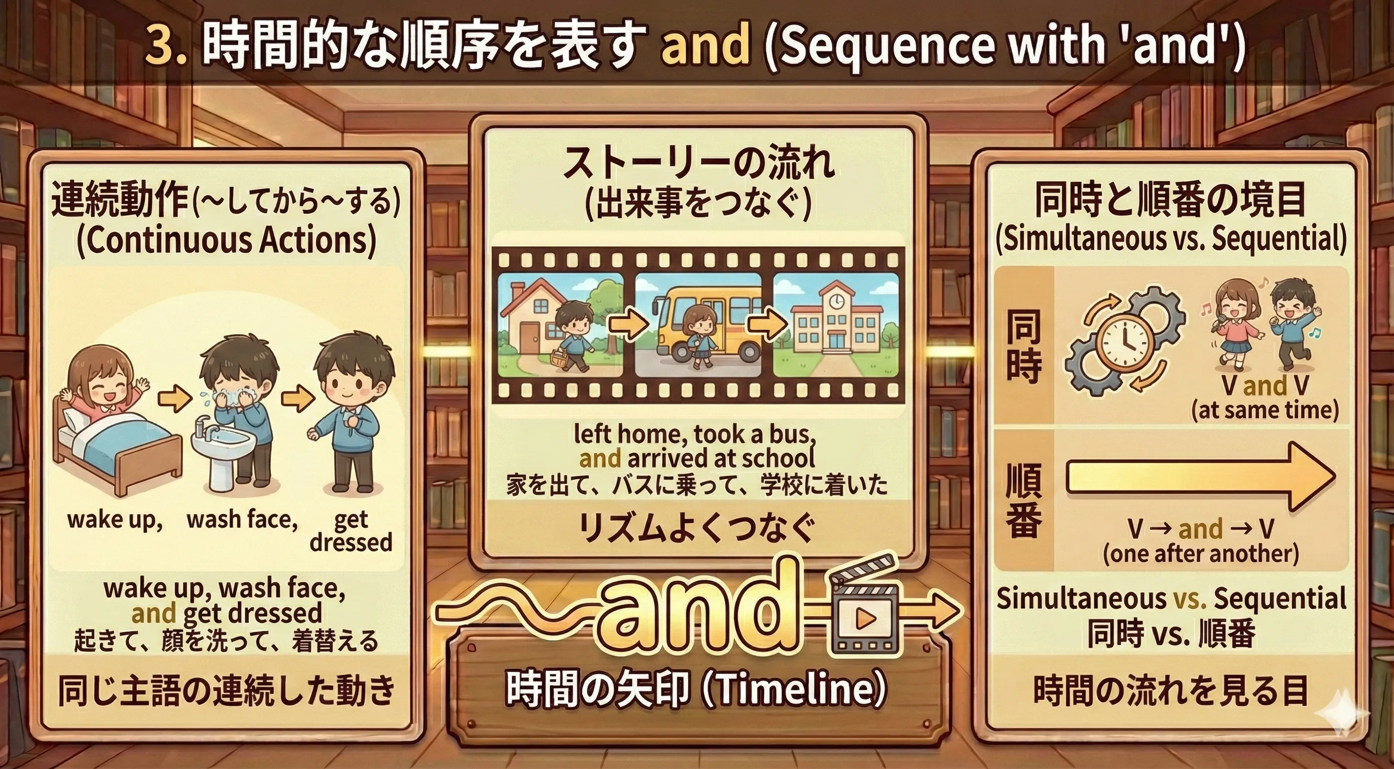 時間の流れにそって動作が並ぶイメージ（起きる→顔を洗う→朝ごはん）