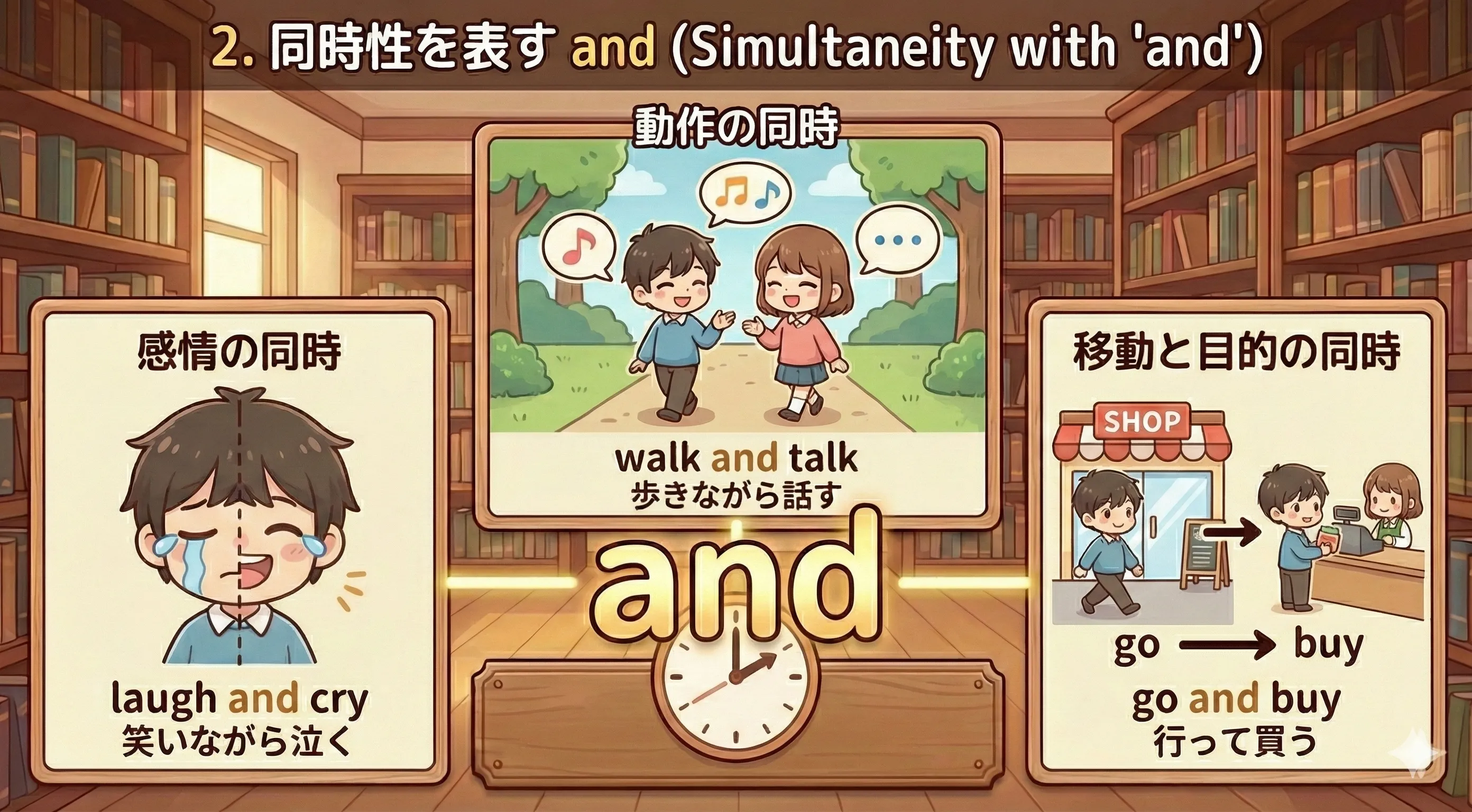 同時に2つの動作が進んでいる and のイメージ（walk and talk など）