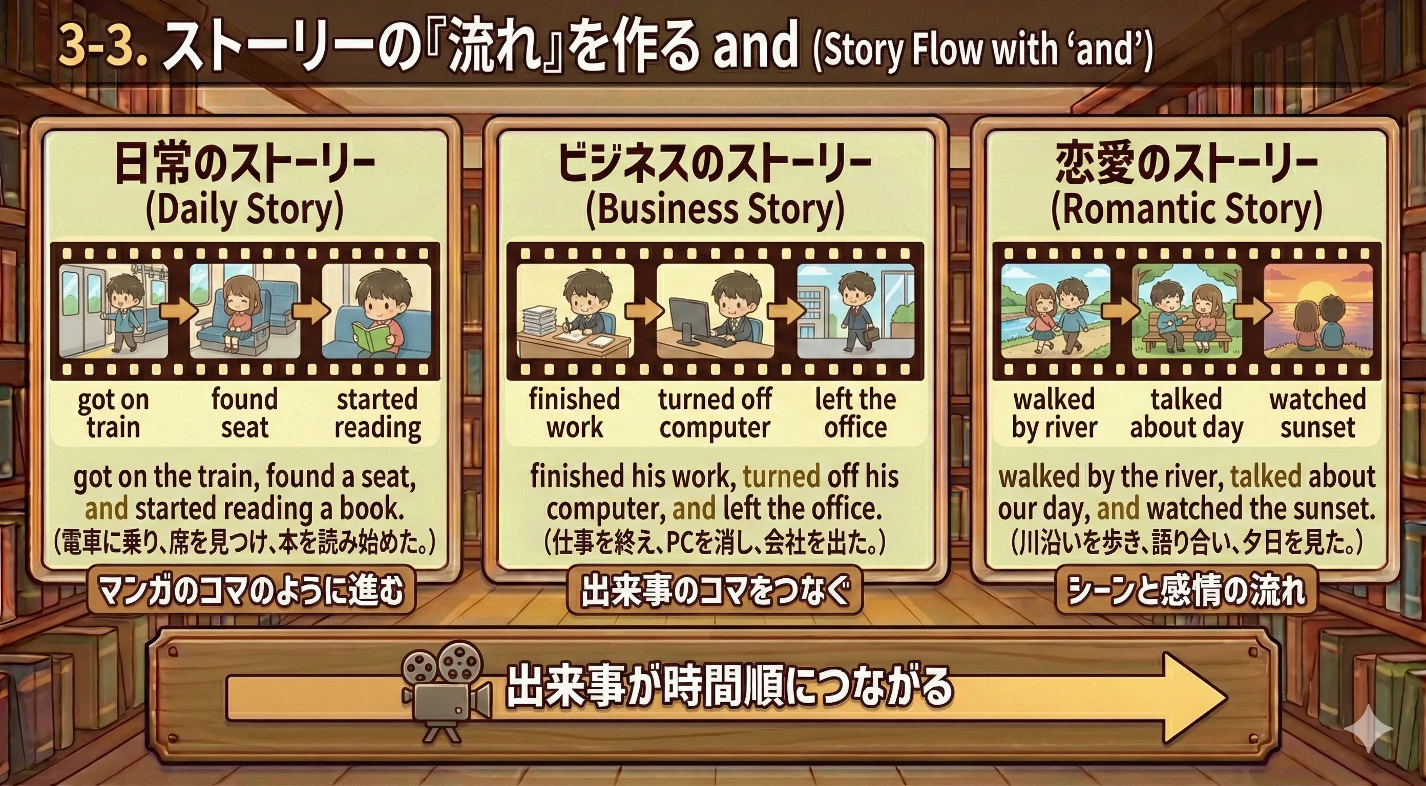 ストーリーのコマが and でつながるイメージ図（出来事が時間順に並ぶ）