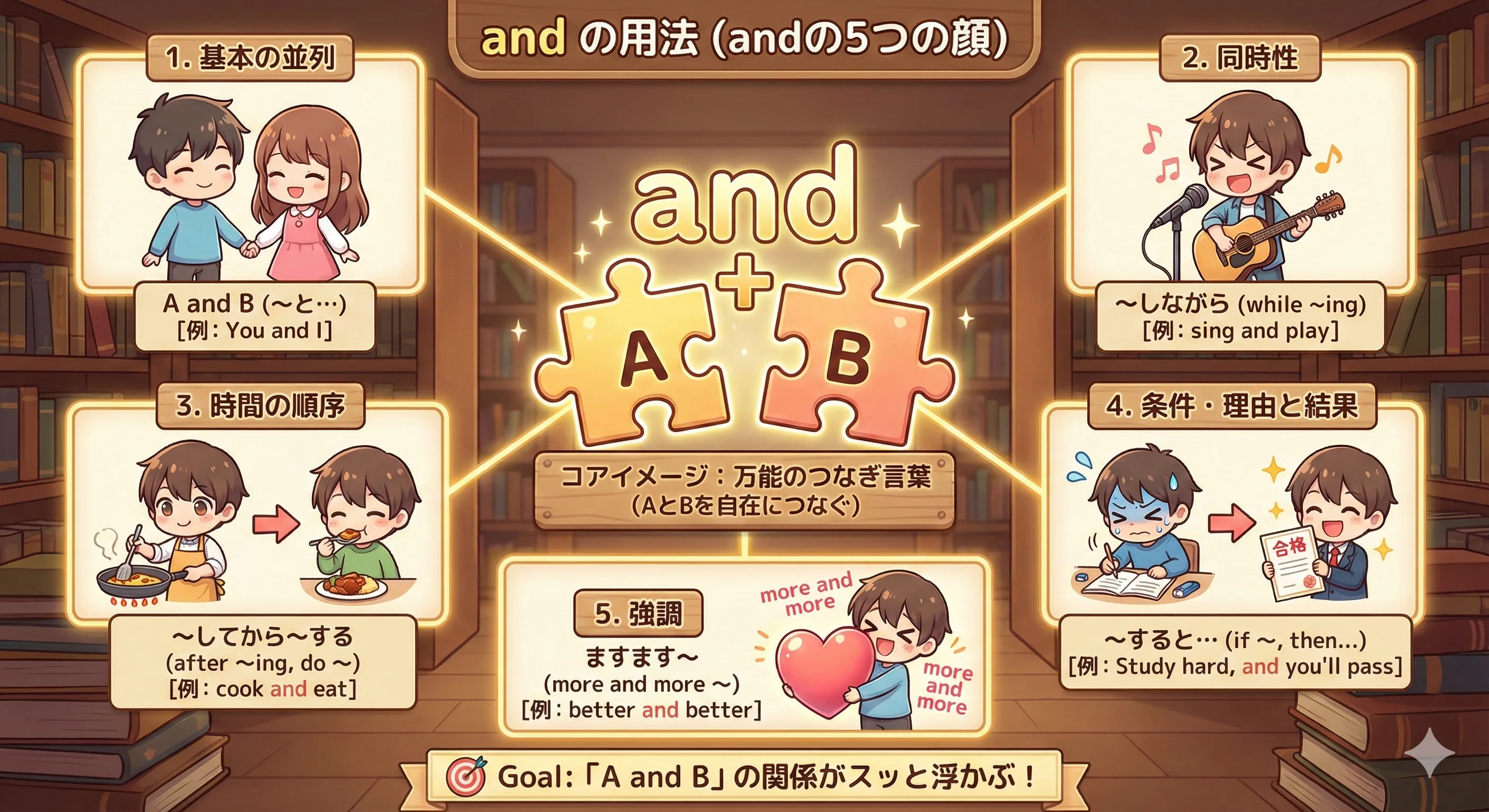 and のさまざまな用法（A and B / 命令文 and / 強調など）をイメージしたイラスト