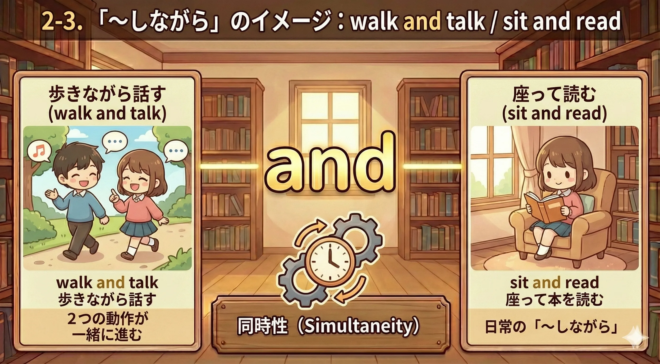 歩きながら話す人と、座って本を読みながら音楽を聴く人のイメージ図