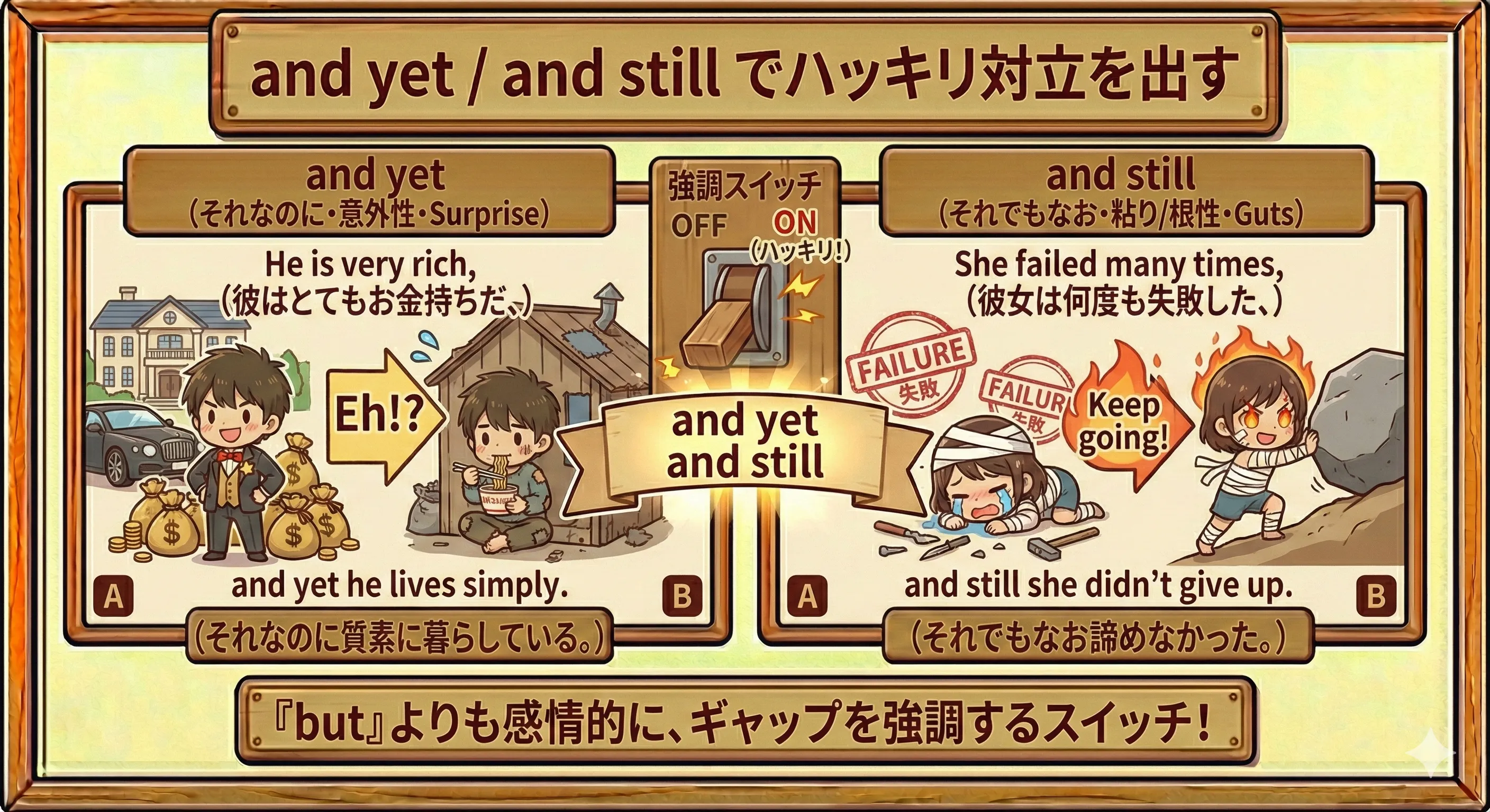 and yet / and still でギャップを強く表すイメージ図