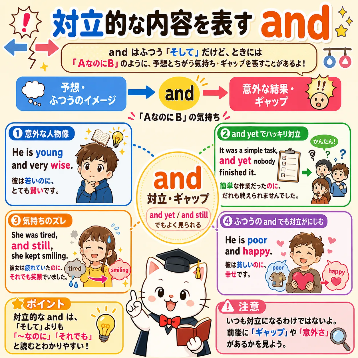 and が予想と違う結果をつなぎ、対立やギャップを表すイメージ図