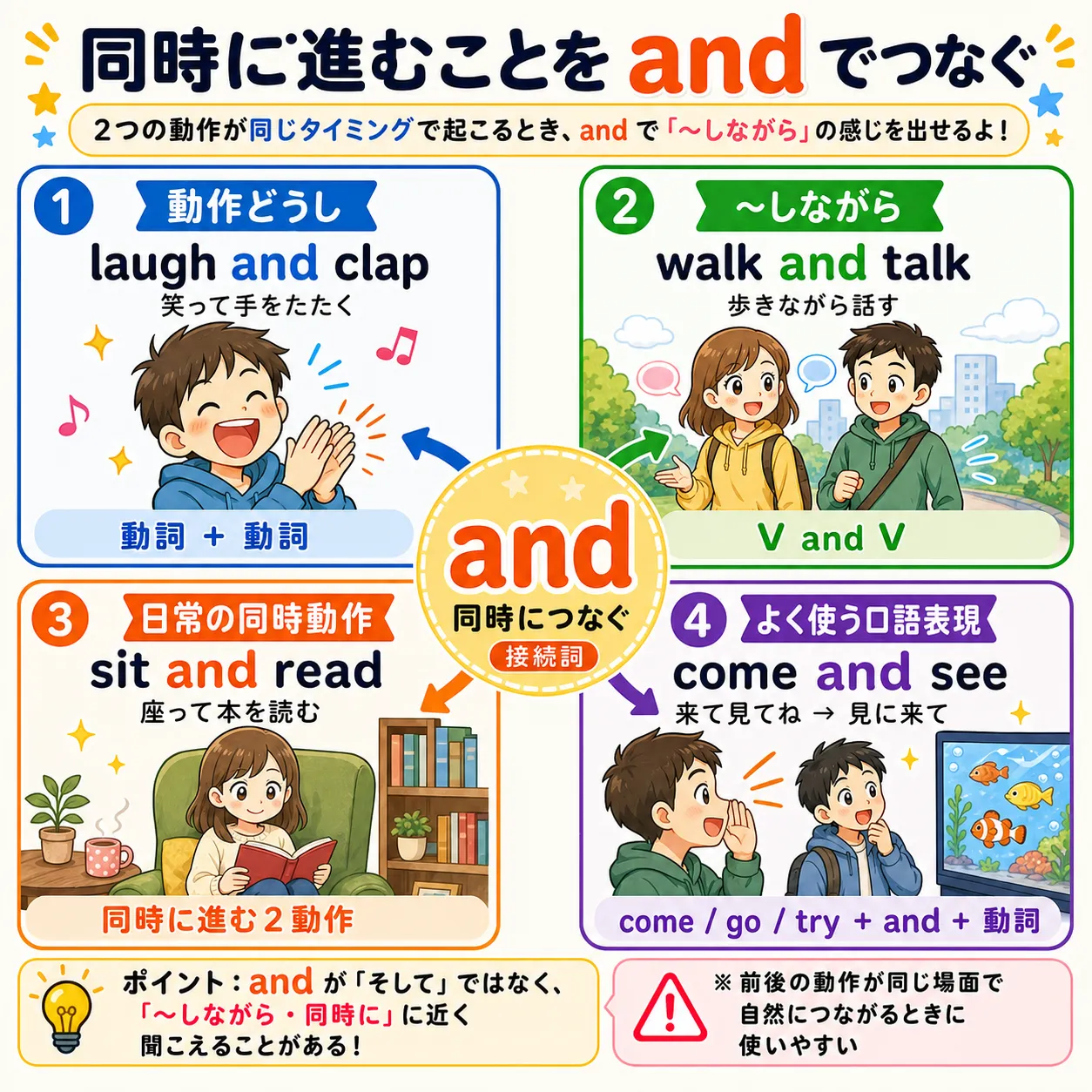 and が2つの動作を同じ時間に結びつけるイメージ図