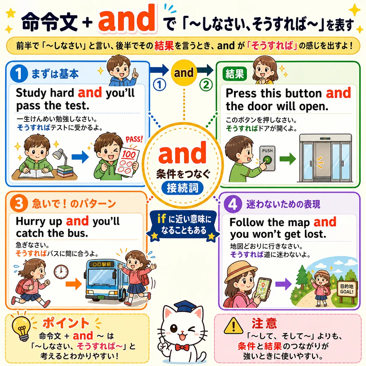 命令文 + and が 条件と結果をつなぐイメージ図