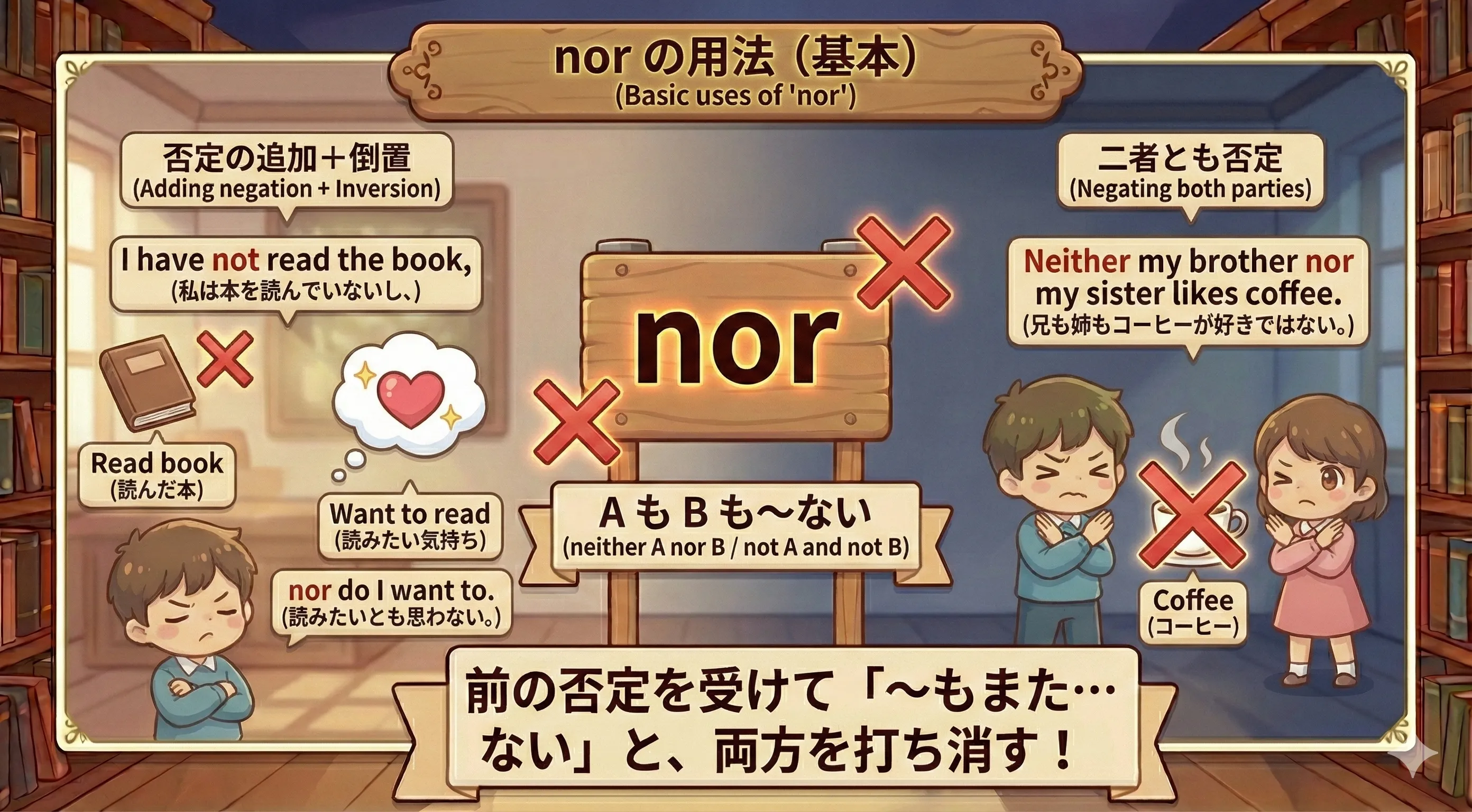 nor を使って「A も B も〜ない」を表すイメージ図