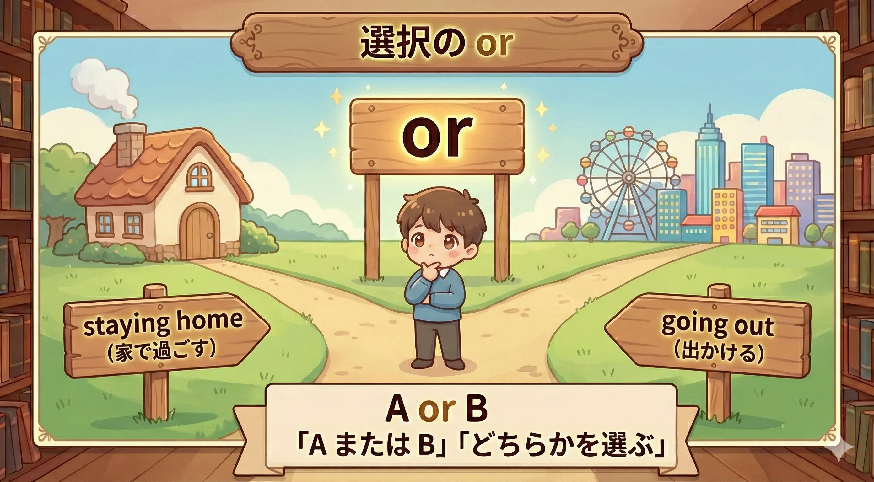 or で二つの選択肢（A か B）をつなぐイメージ図