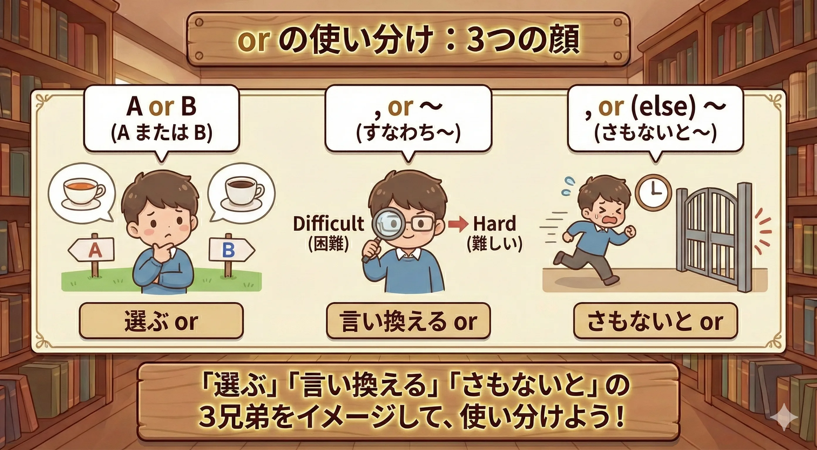 or の３つの使い分け（選択・言い換え・さもないと）をイメージした図