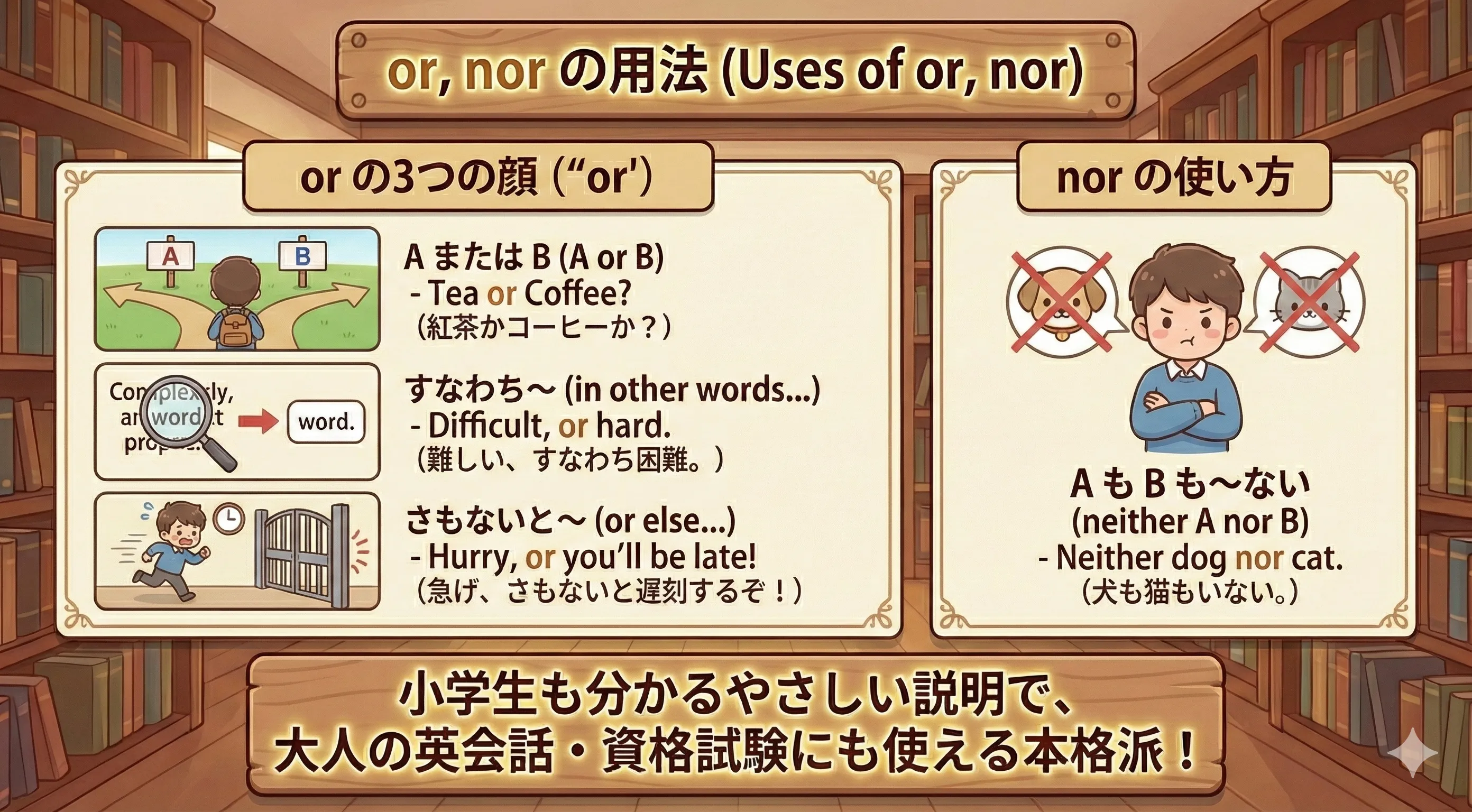 or と nor の用法のイメージ図（選択・言い換え・二重否定）