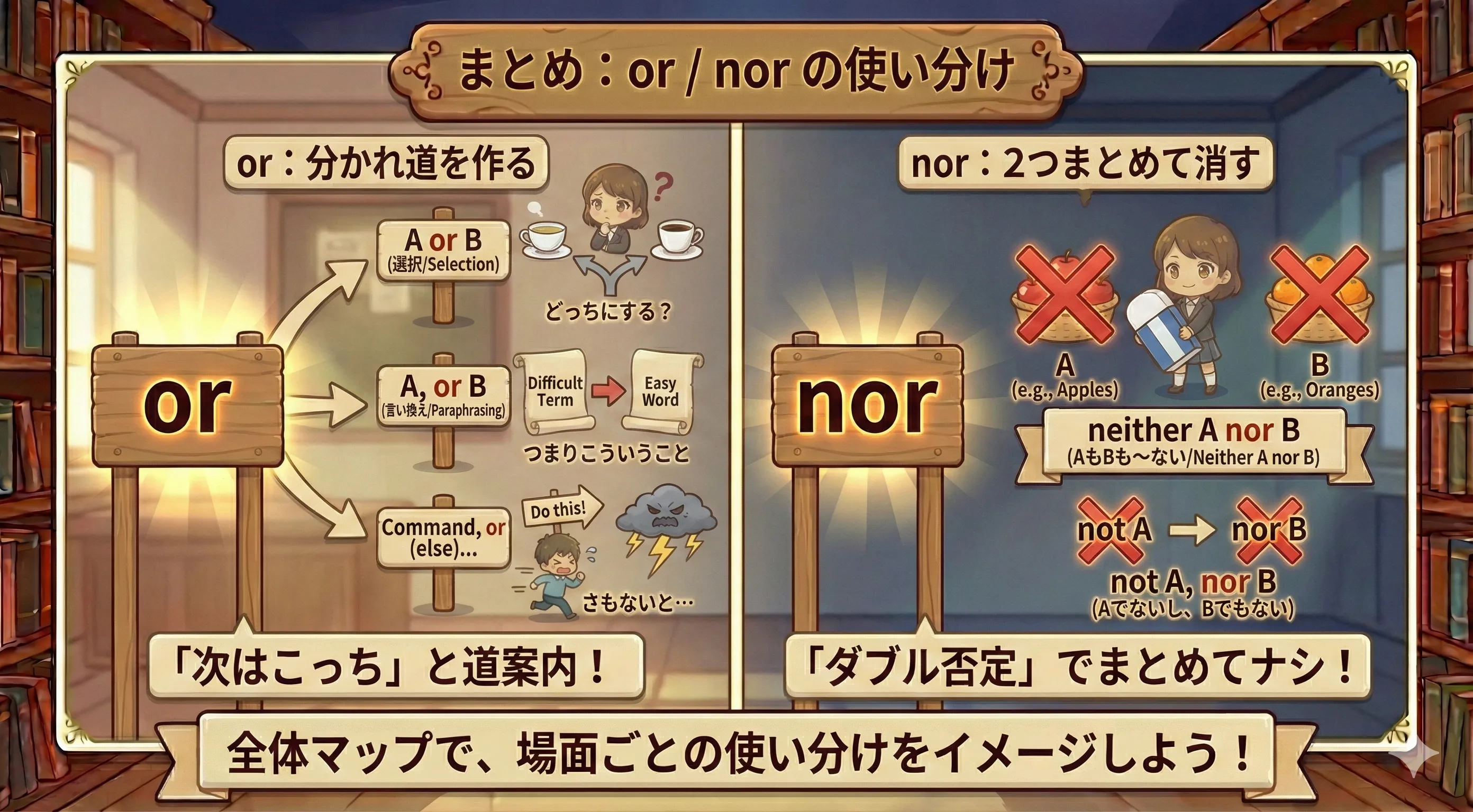 or と nor の使い分けイメージ図（分かれ道とダブル消しゴム）