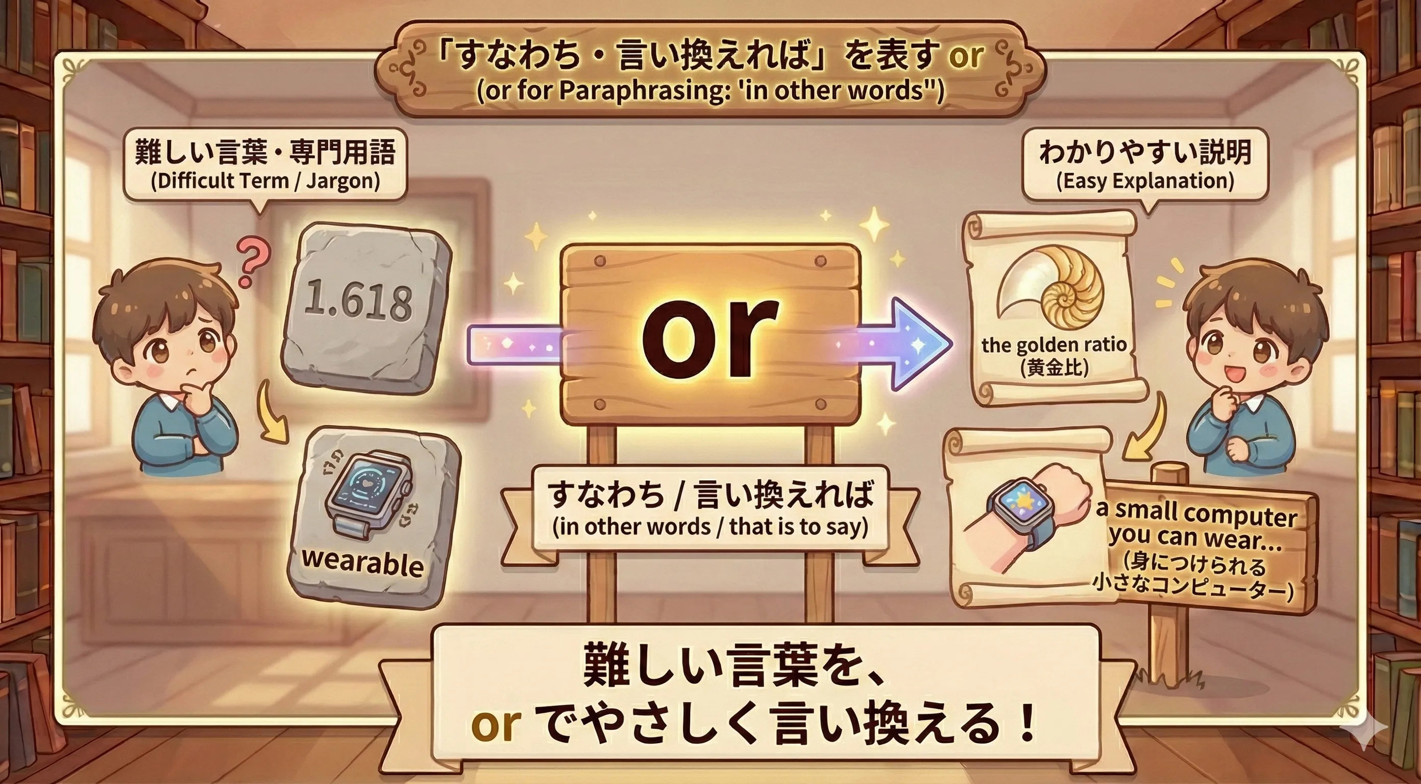 専門用語からやさしい説明へ橋渡しする or のイメージ図