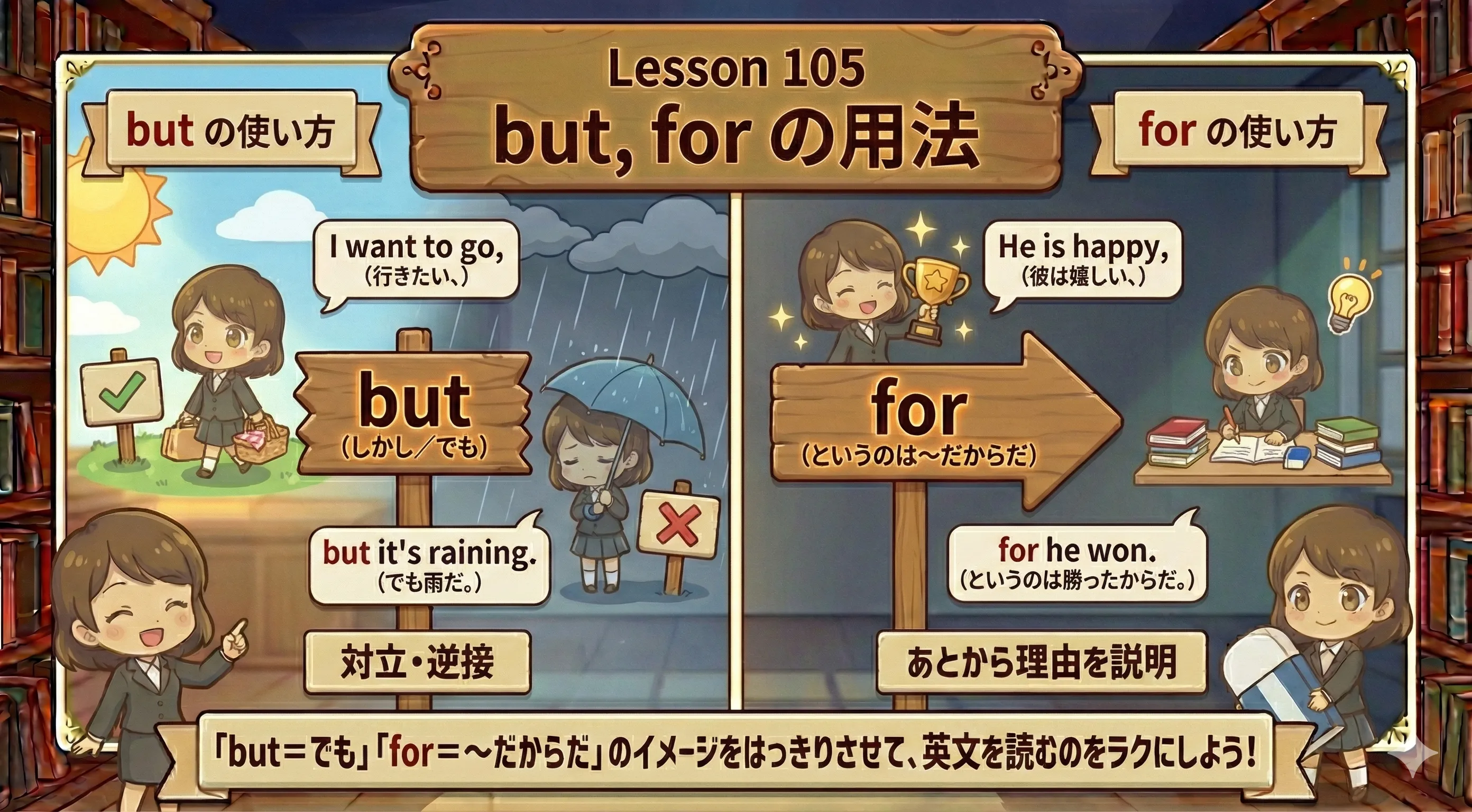 but と for の用法イメージ（逆接と理由をつなぐ図）