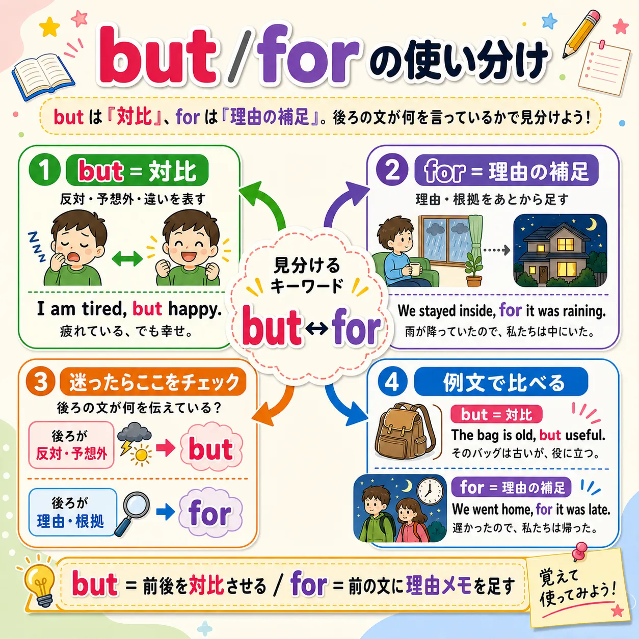 but と for の使い分け：対比と理由補足を整理するまとめ図