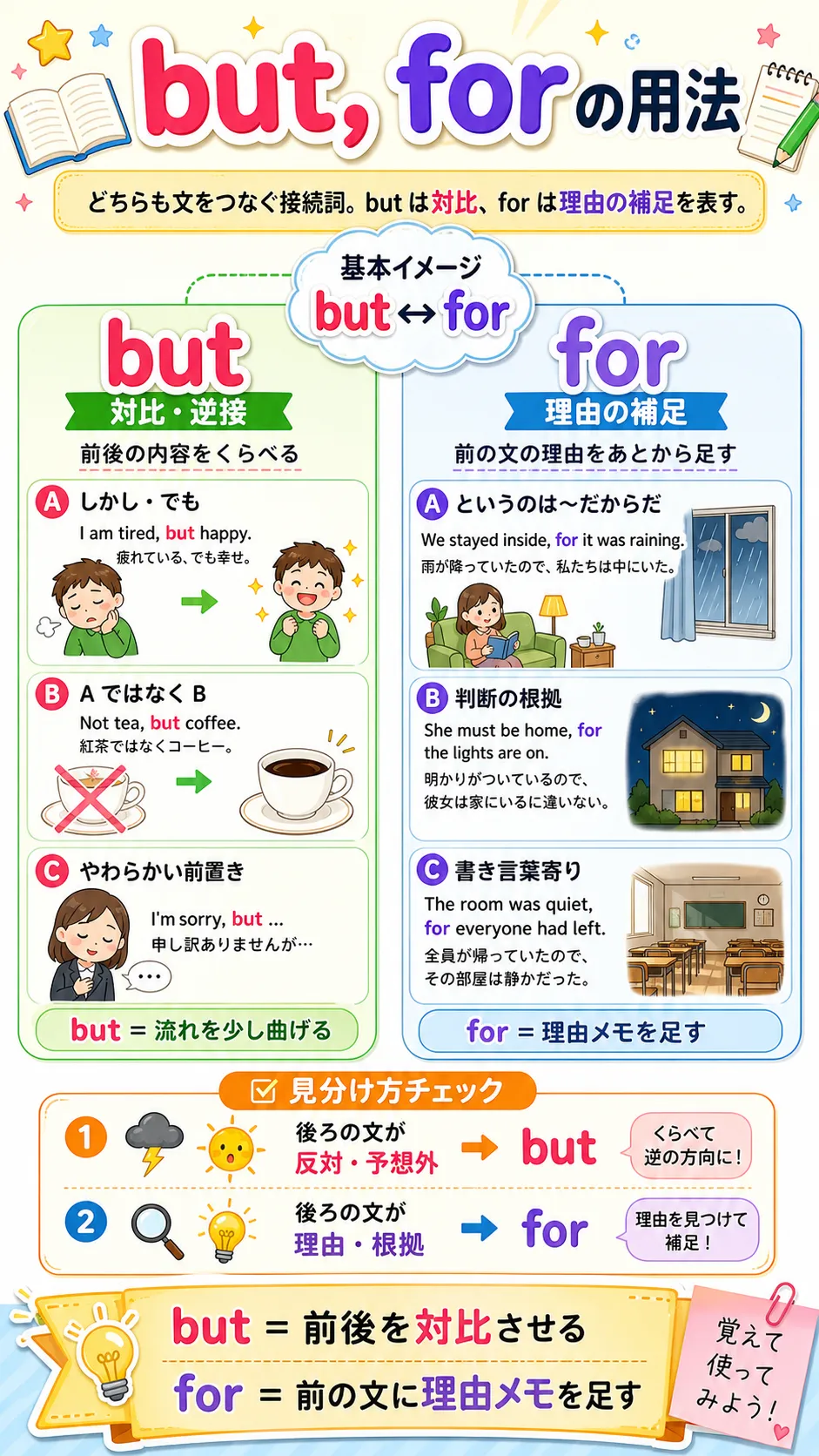 but と for の用法イメージ（逆接と理由をつなぐ図）