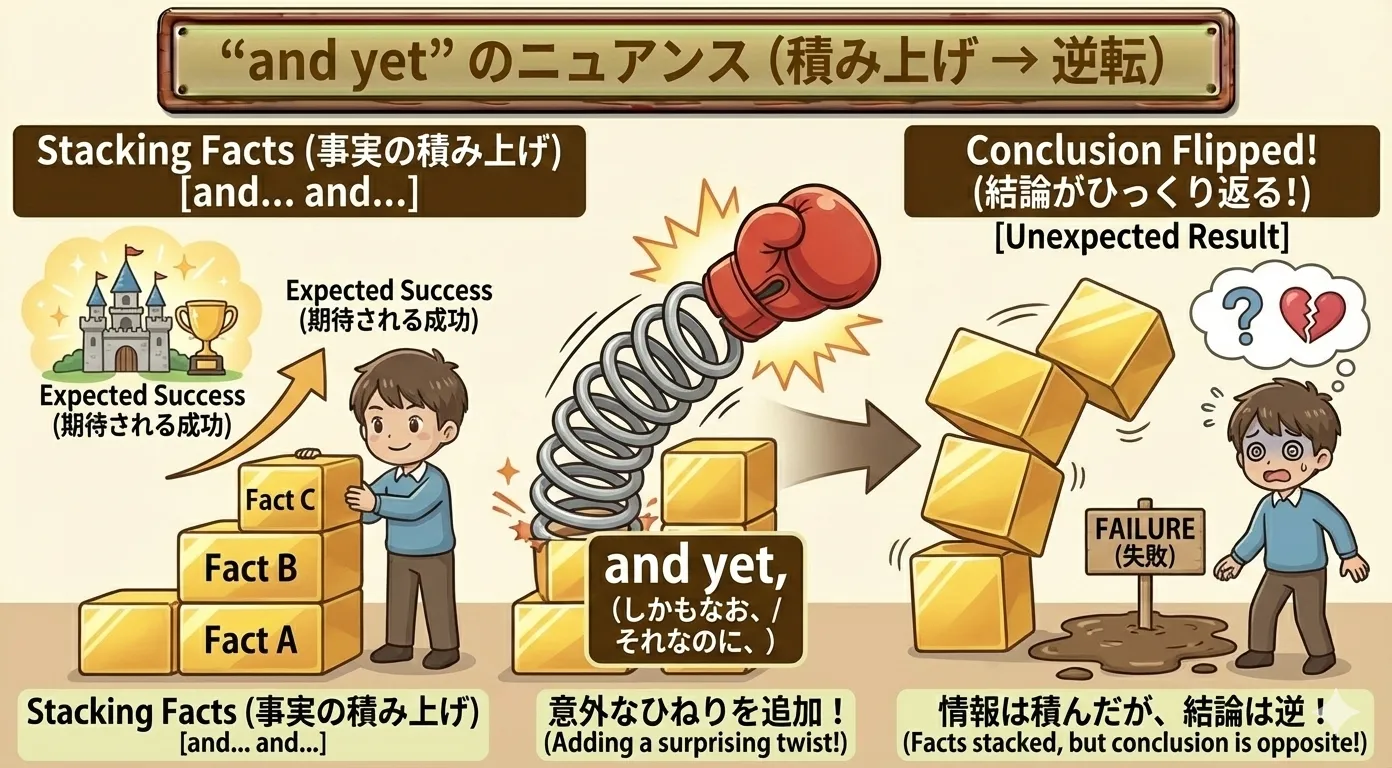 and yet は『情報を積み上げたのに結論が逆転する』ニュアンスを表すイメージ図