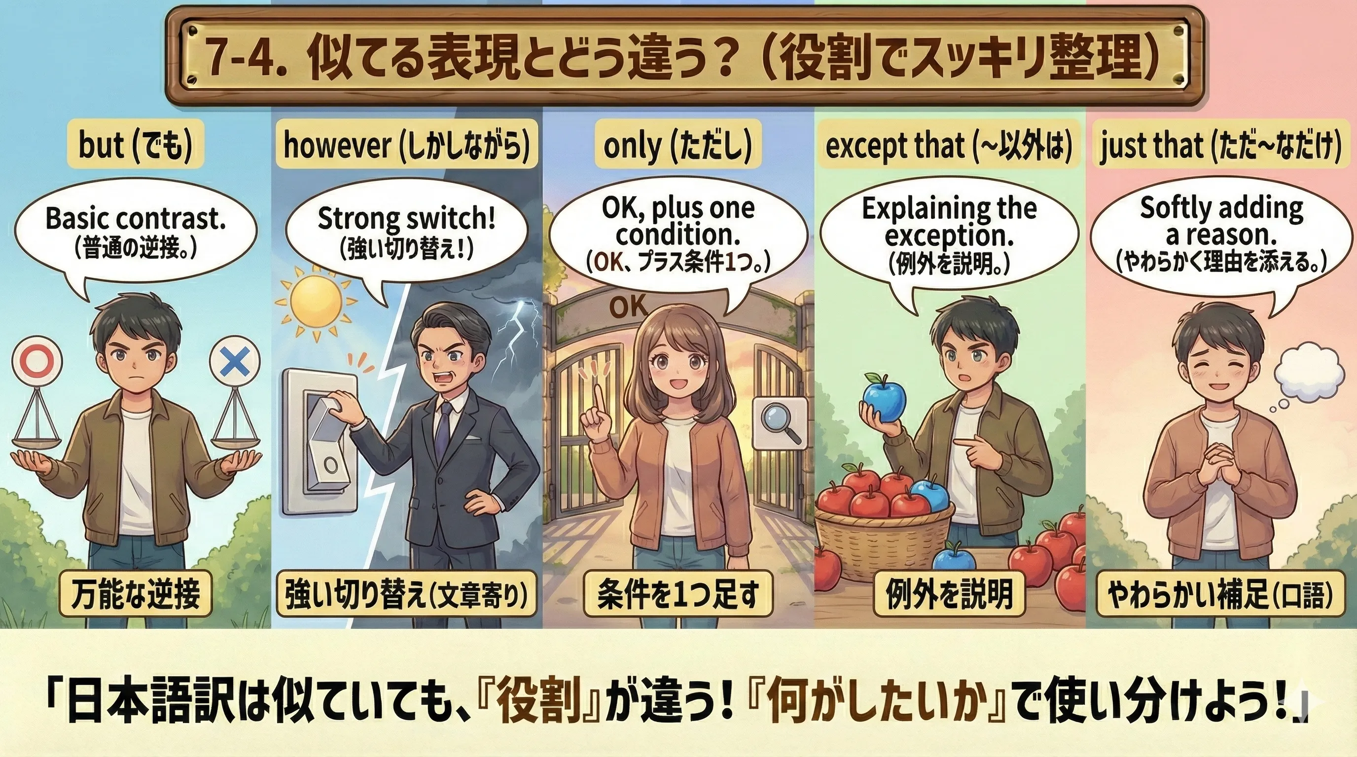 but/however/only/except that/just that の違いを役割で整理するイメージ図