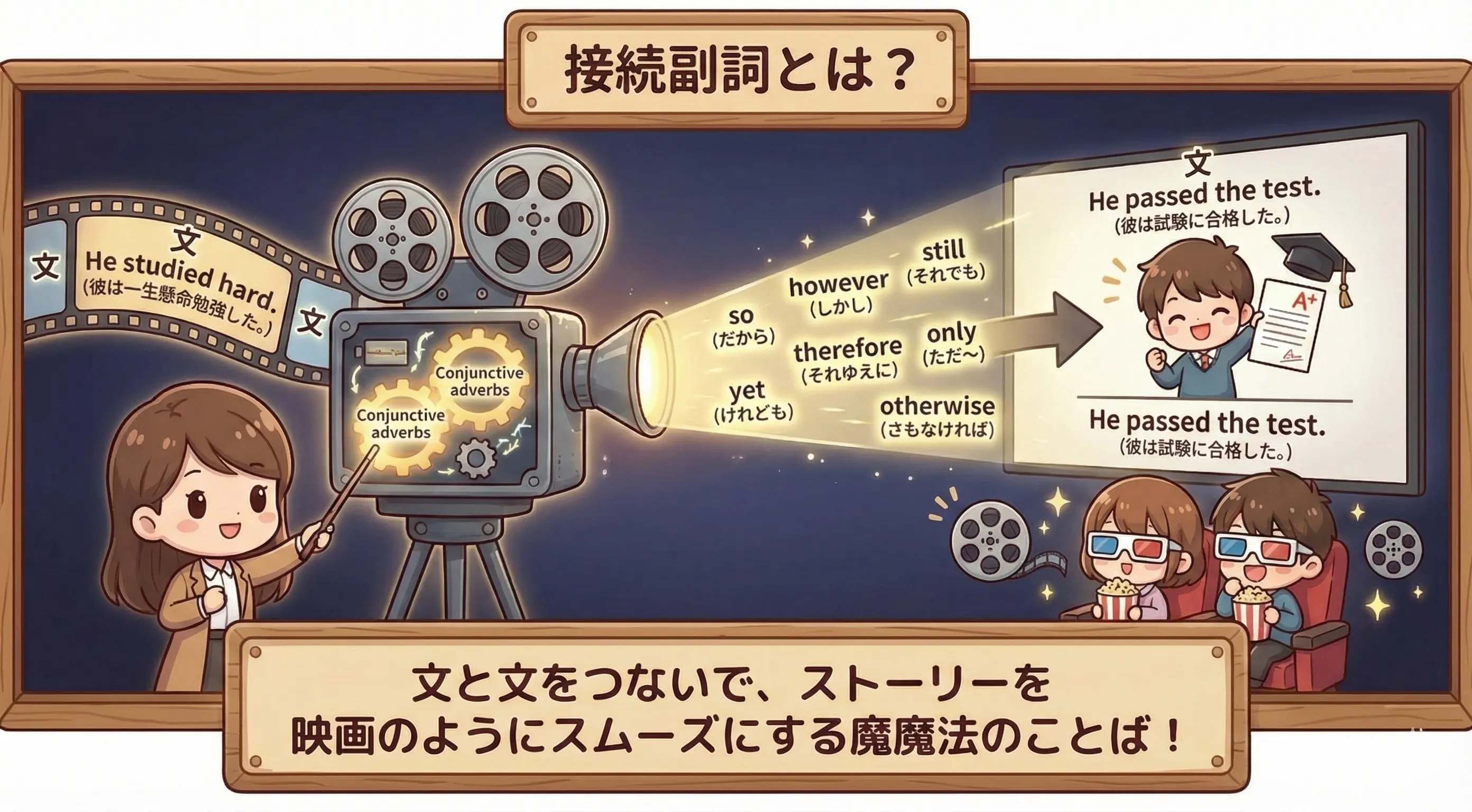 接続副詞 so, however, therefore などで文と文をつなぐイメージ図