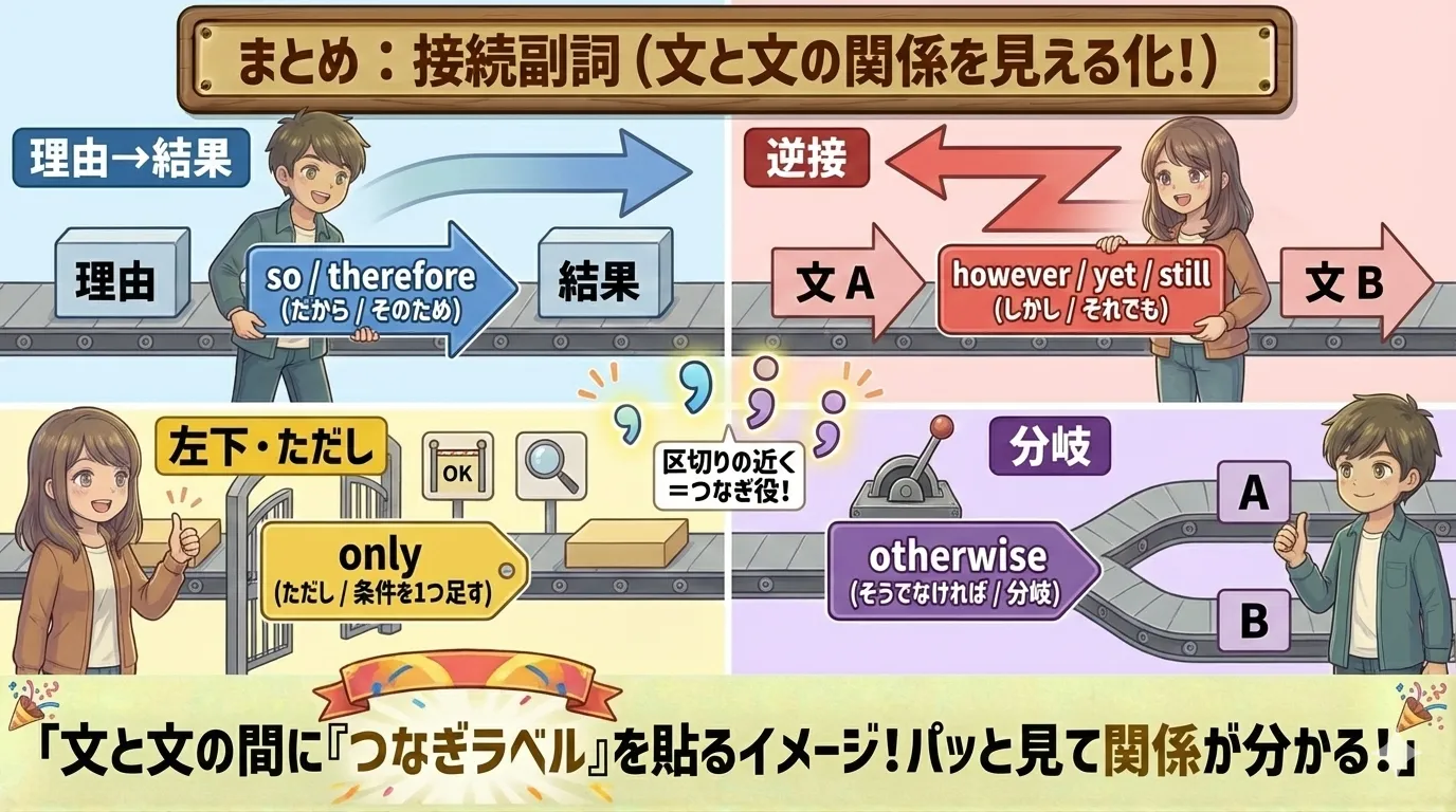 接続副詞のまとめ：だから（so/therefore）・でも（however/yet/still）・ただし（only）・分岐（otherwise）