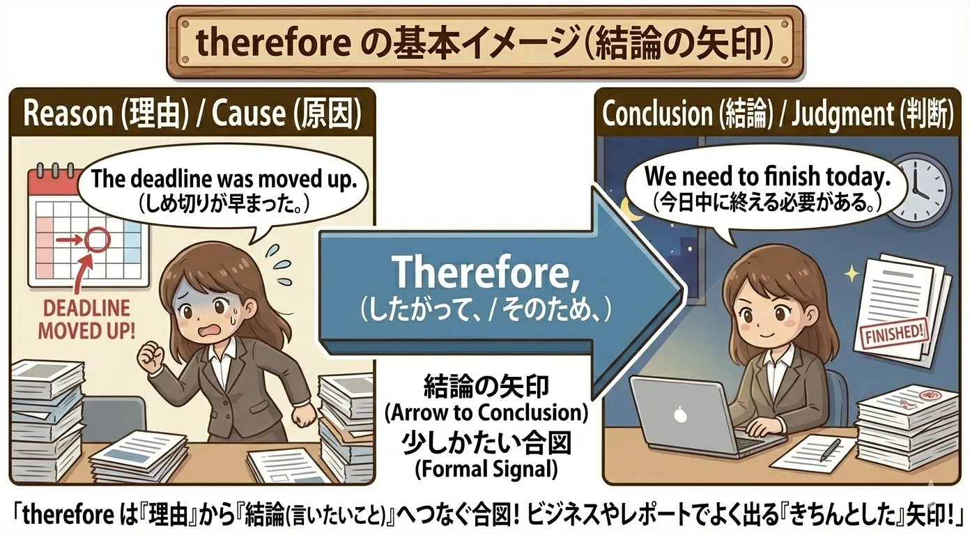 therefore は『理由→結論』の矢印