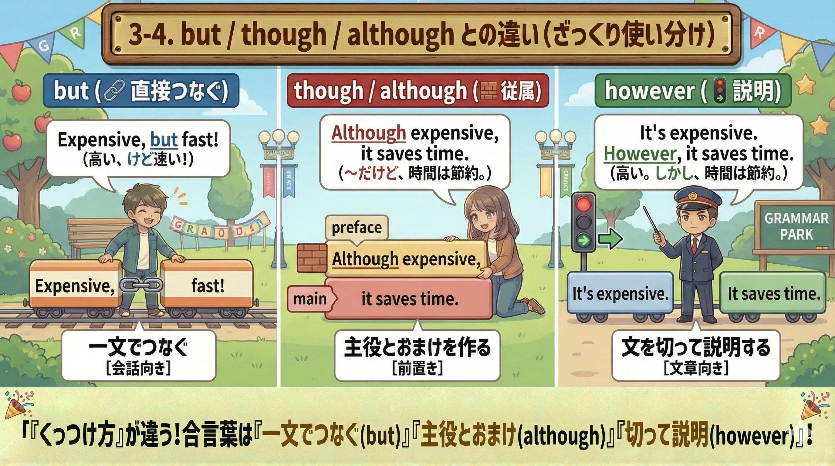 however と but と though/although のつなぎ方の違い（文の形）