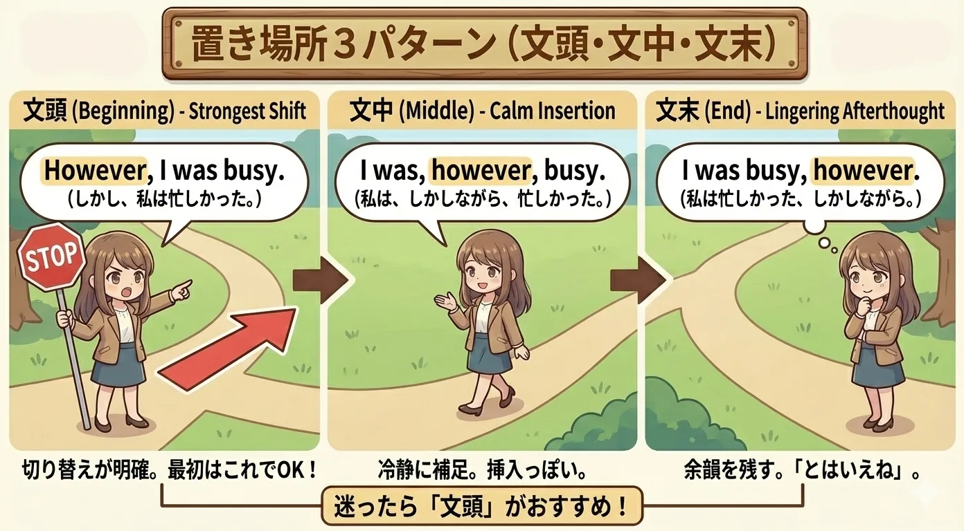 however の置き場所（文頭・文中・文末）を比較する図