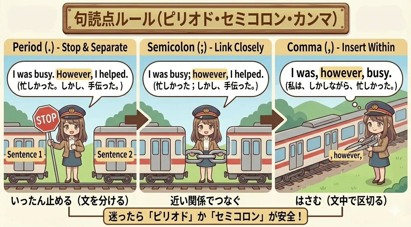 however と句読点（. ; ,）の使い分けイメージ図