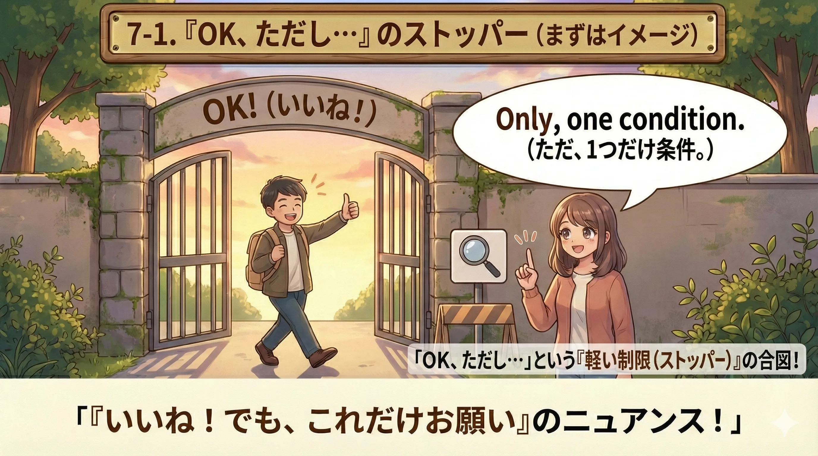 only（ただし）のイメージ：前の内容はOK→ただし条件を1つ足す