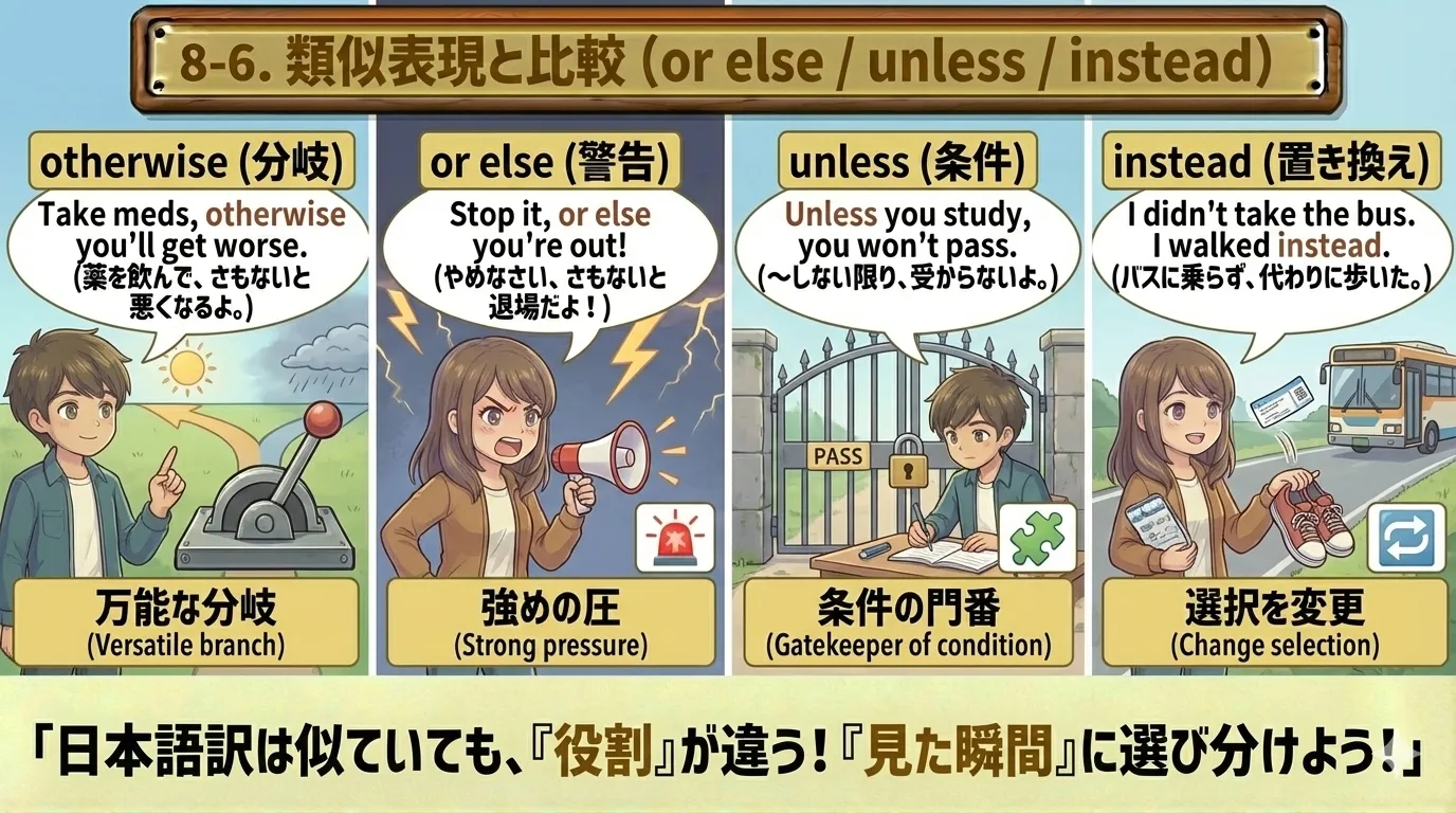 otherwise と類似表現の比較：or else（脅し寄り）unless（条件）instead（置き換え）