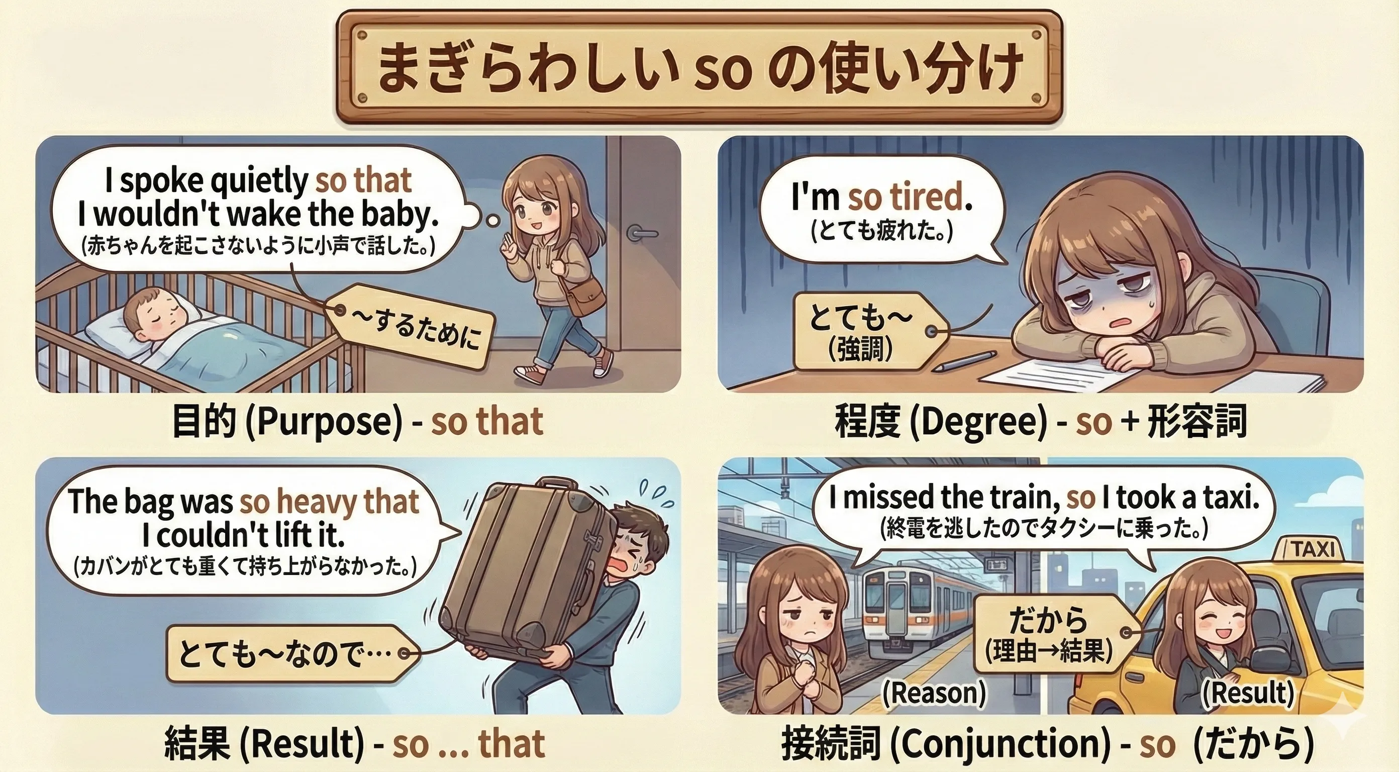 so の3パターン（so=だから / so that=〜するために / so + 形容詞=とても）を見分ける図