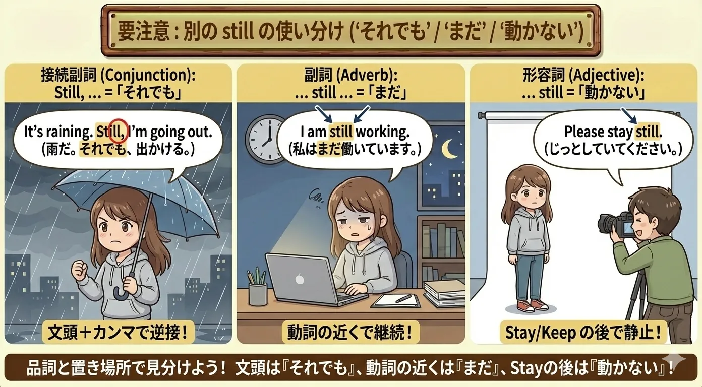 still の3つの意味（それでも・まだ・動かない）を見分ける図