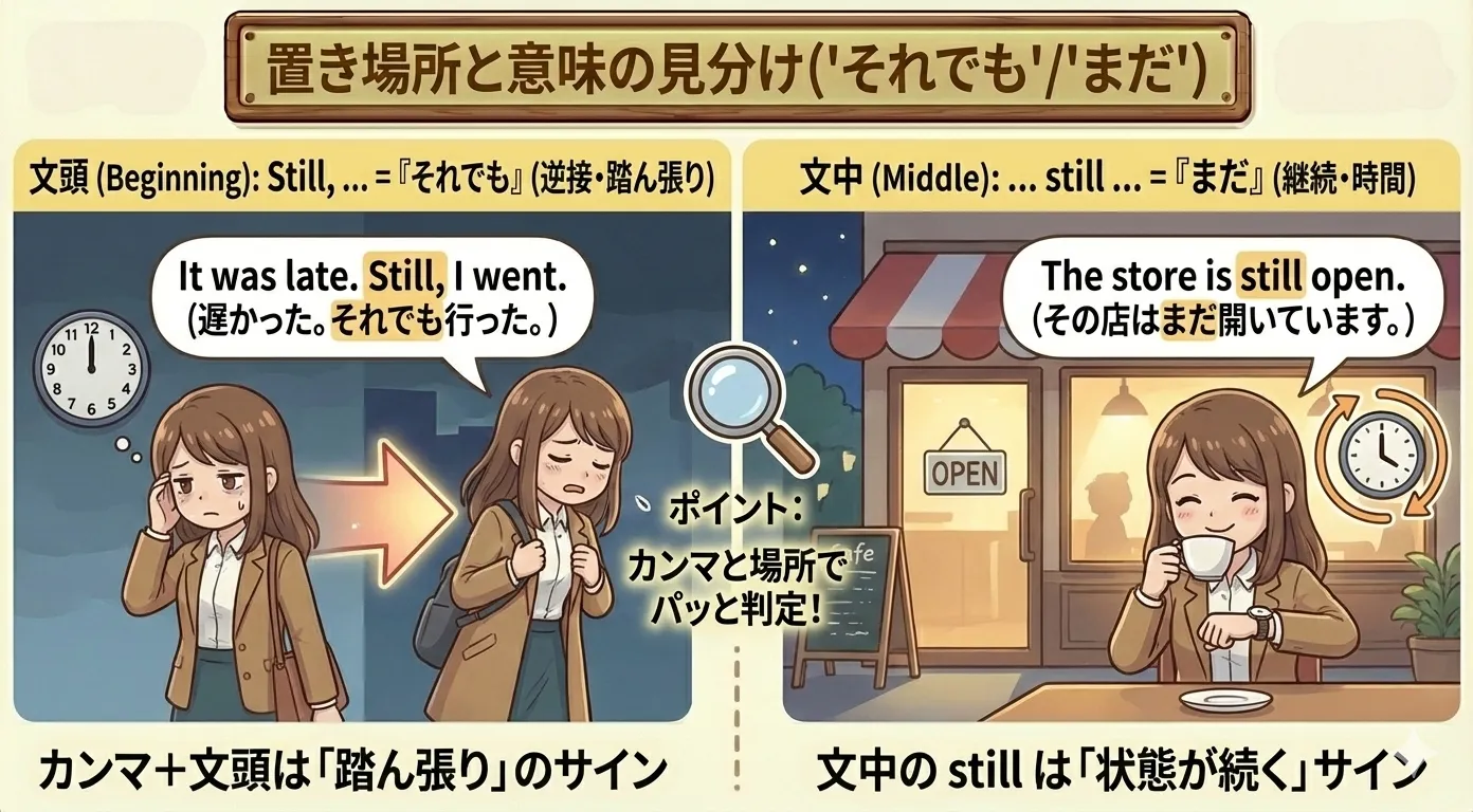 still の置き場所で意味が分かれるイメージ（文頭=それでも / 文中=まだ）