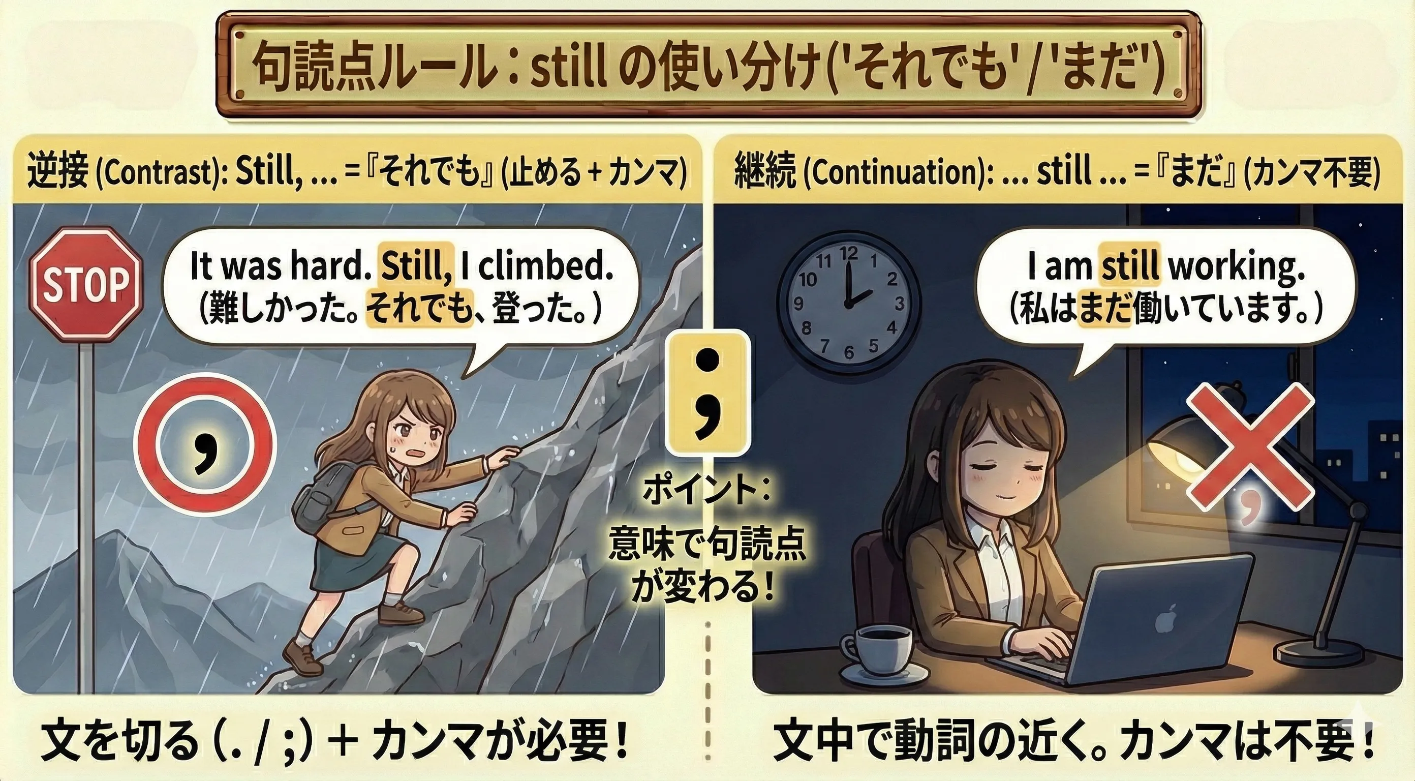 still と句読点（. ; ,）の使い分けイメージ図