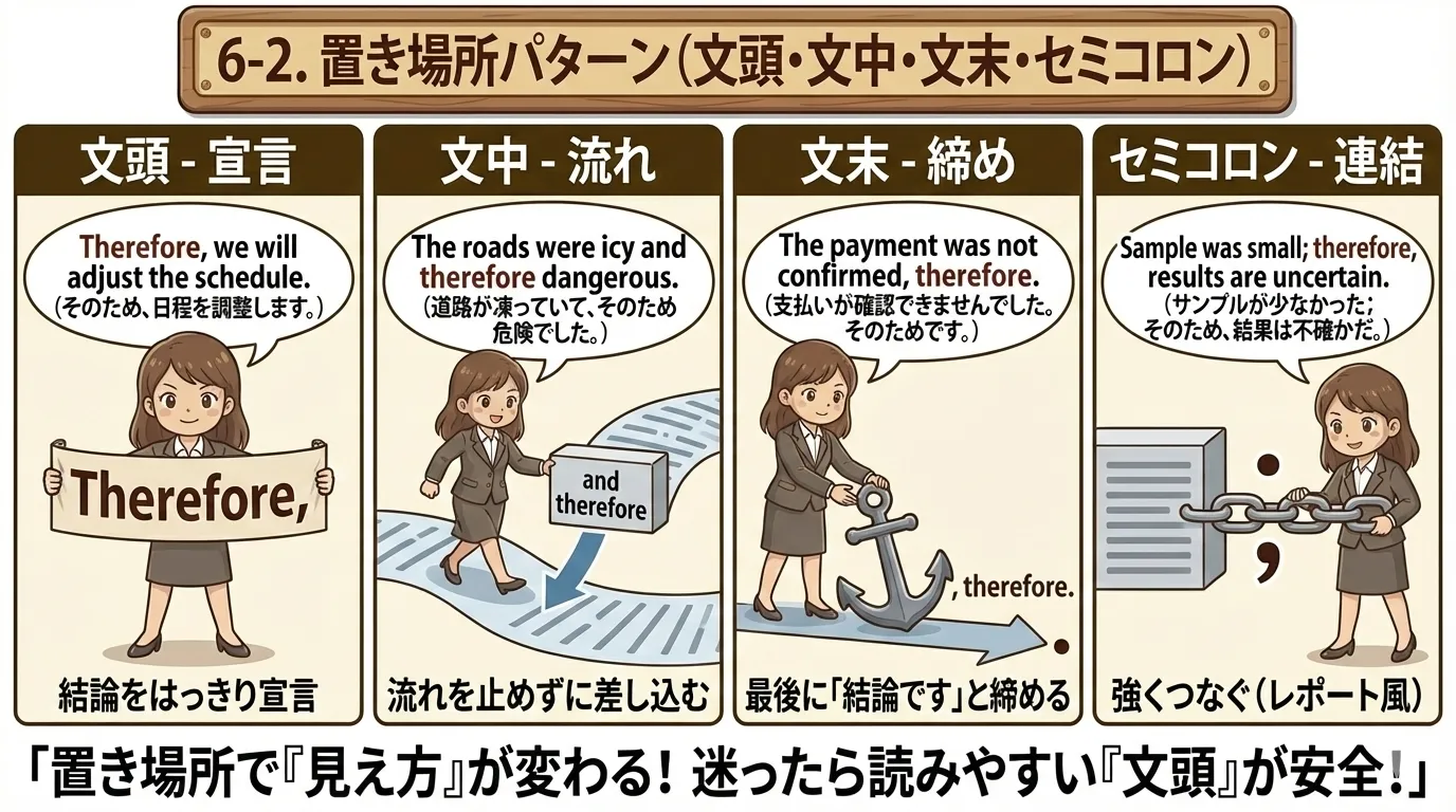 therefore の置き場所 3パターン（文頭・文中・文末）