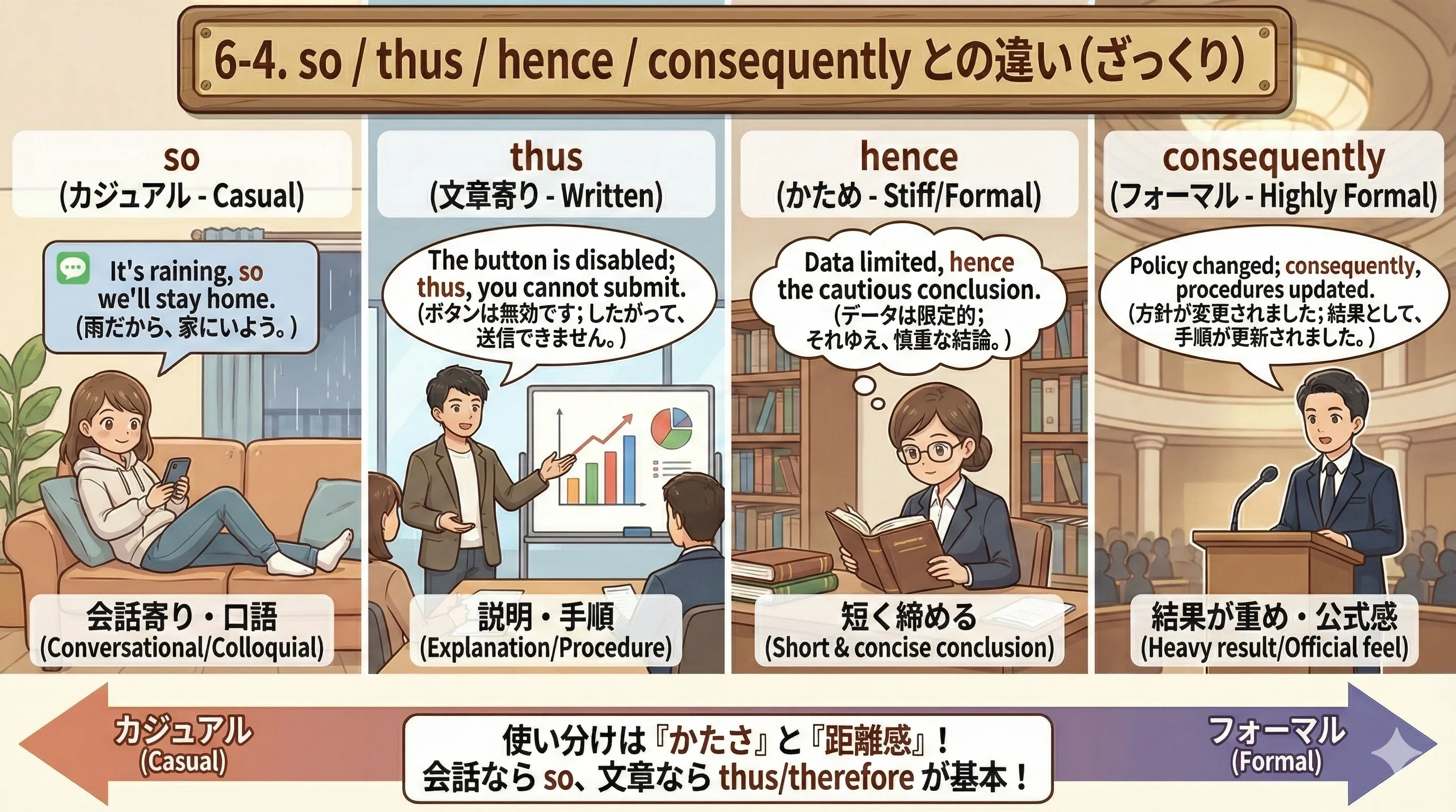 so / thus / hence / consequently のざっくりマップ