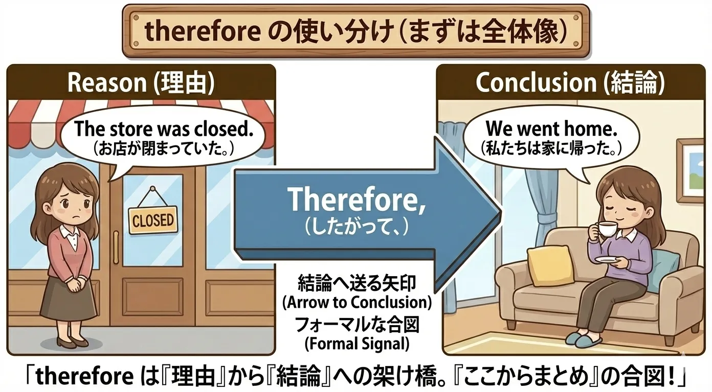 therefore が理由から結論へ矢印でつなぐイメージ図