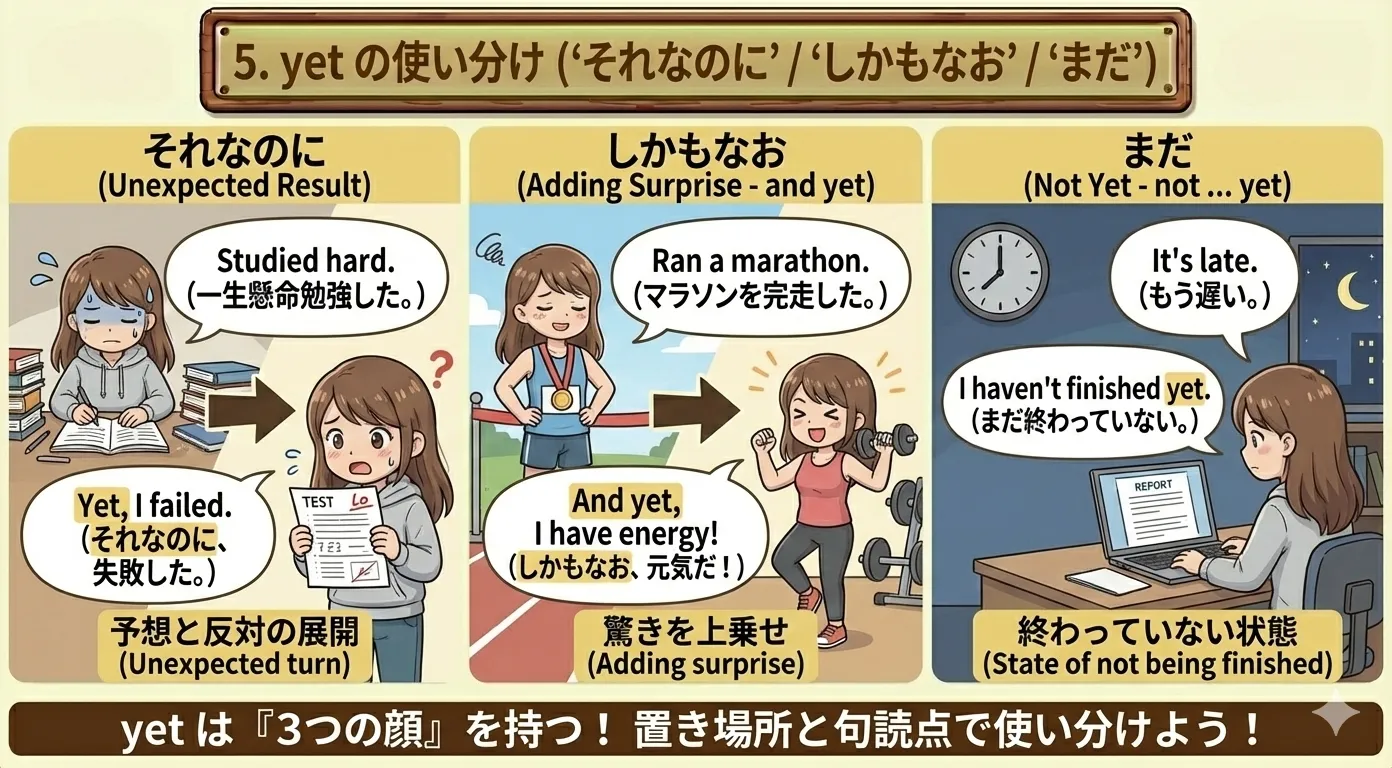 yet の3つの顔（それなのに・しかもなお・まだ）を整理するイメージ図