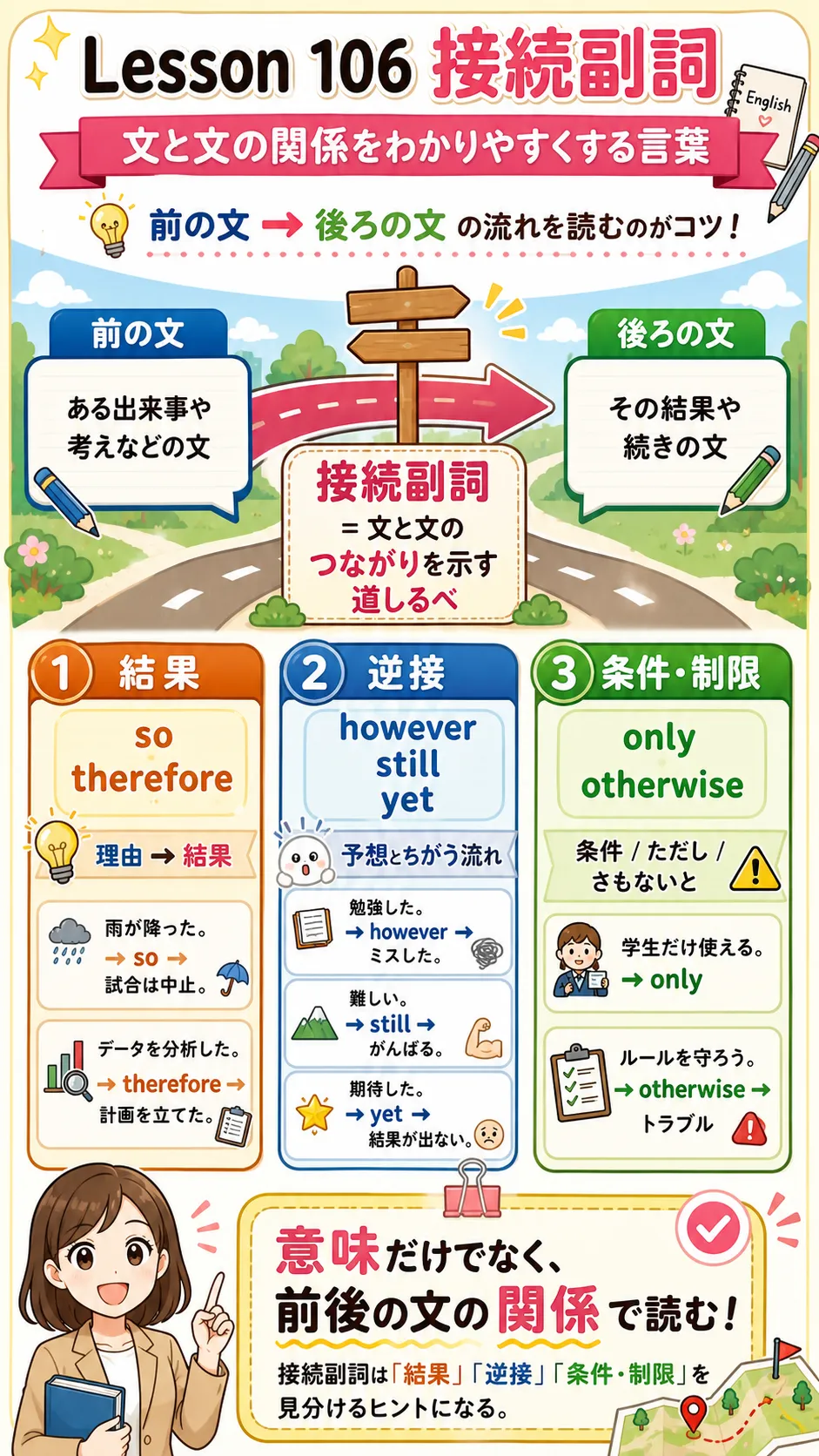 接続副詞 so, however, therefore などで文と文をつなぐイメージ図